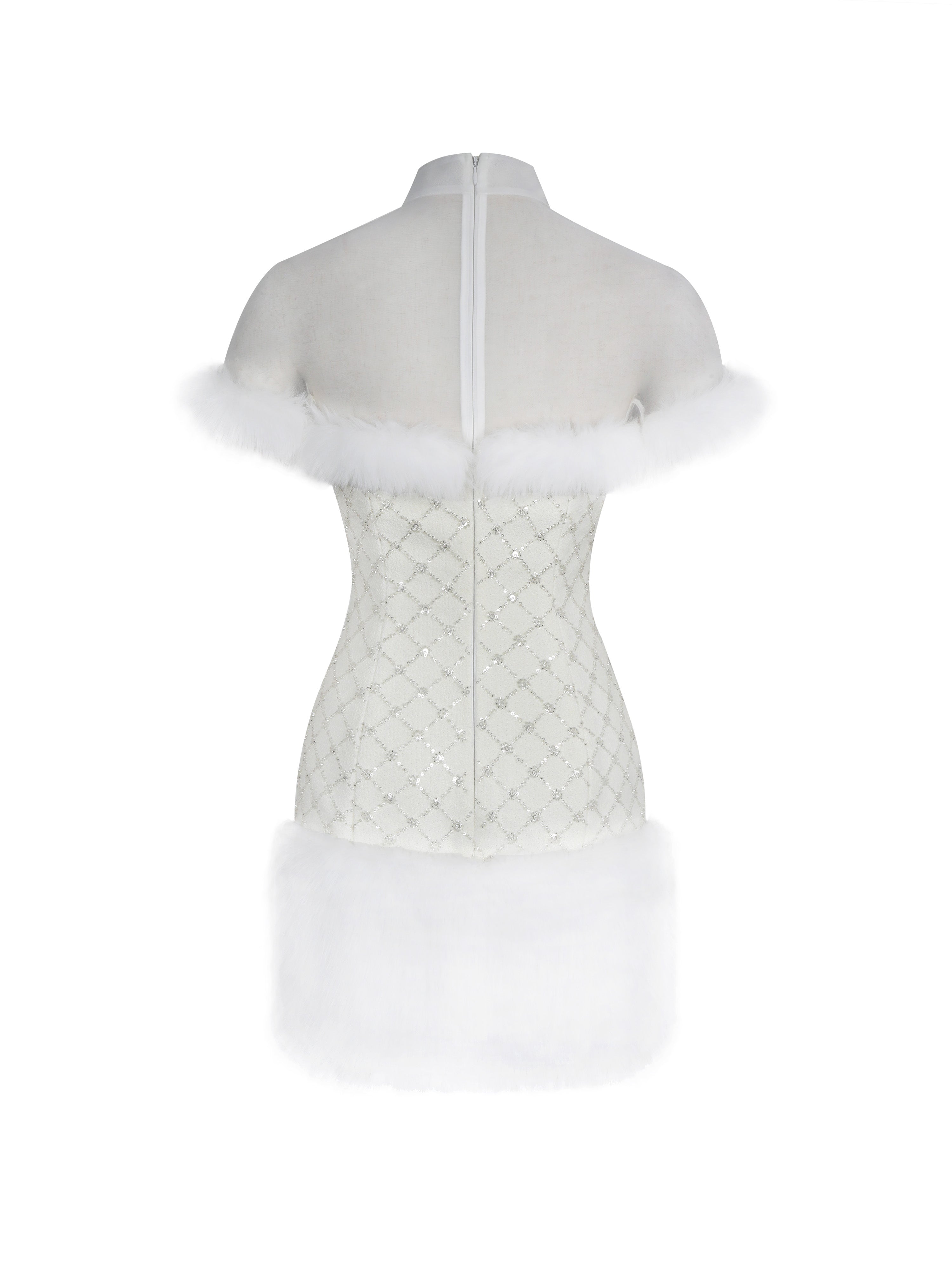 Taylor Ivory Fur Trimmed Beaded Bouclé Mini Dress