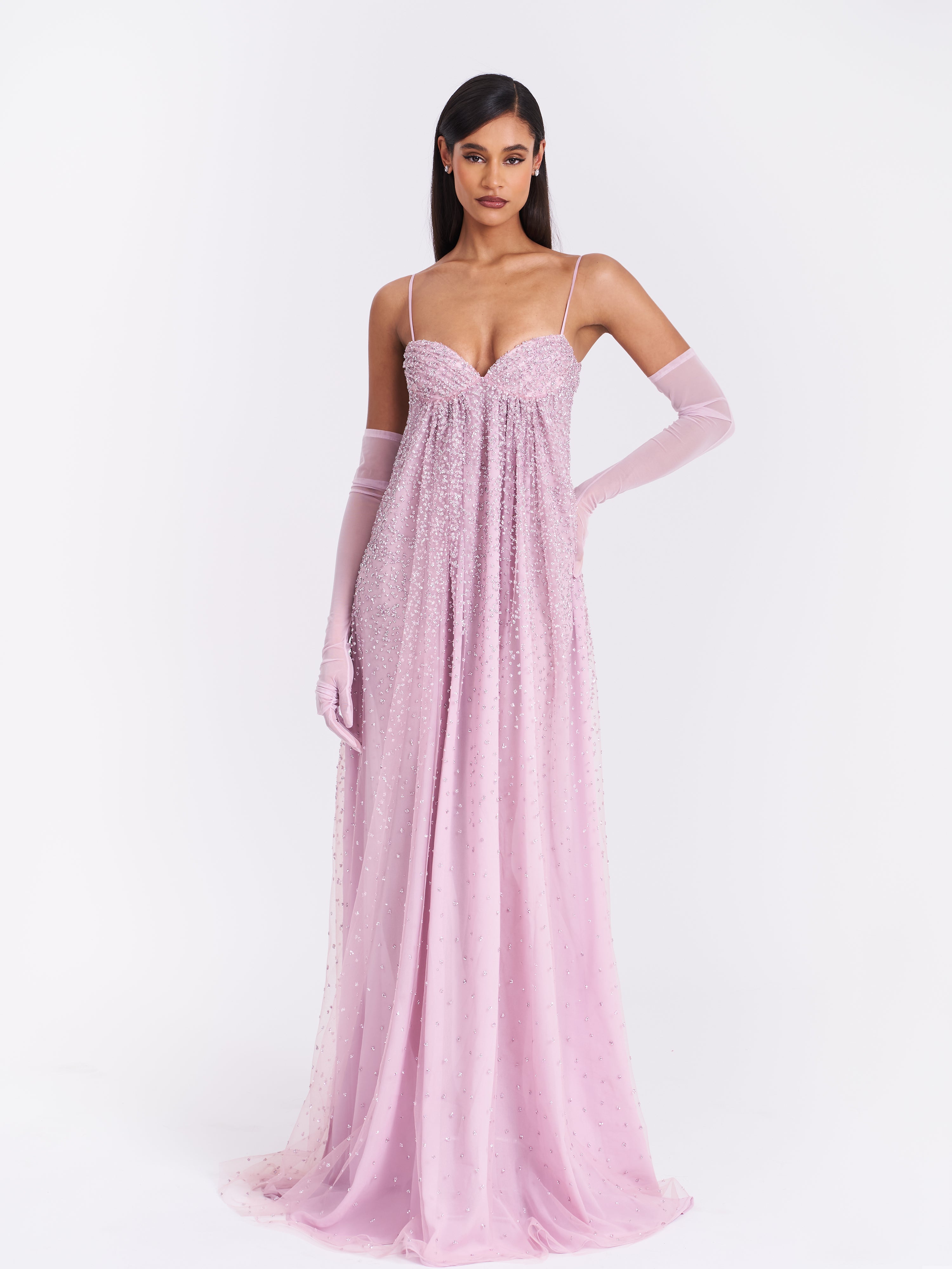 Wallie Pink Rhinestone Embellished Mesh Backless Gown