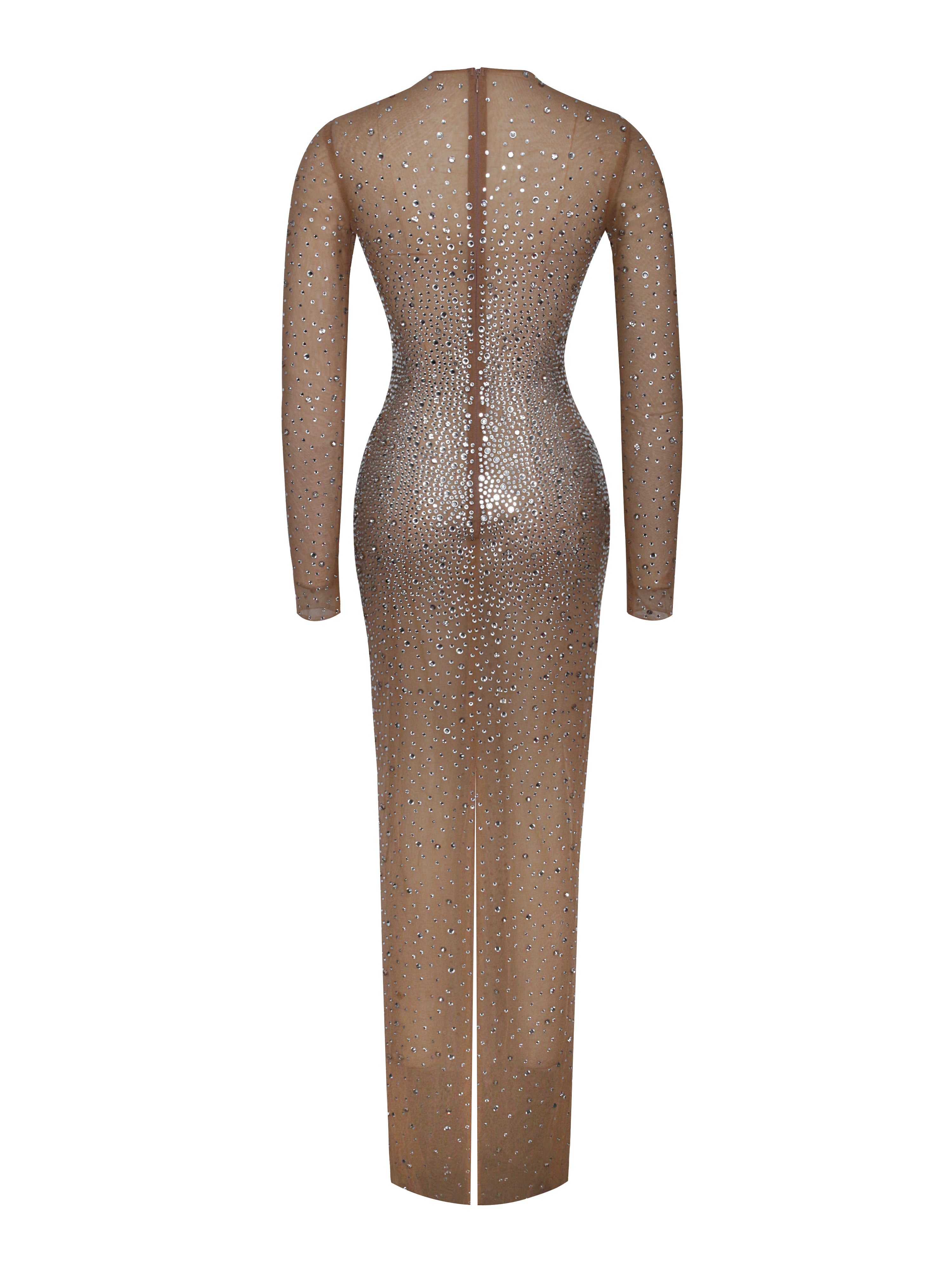 Isabel Crystal Embellished Mesh Long Sleeve Maxi Dress