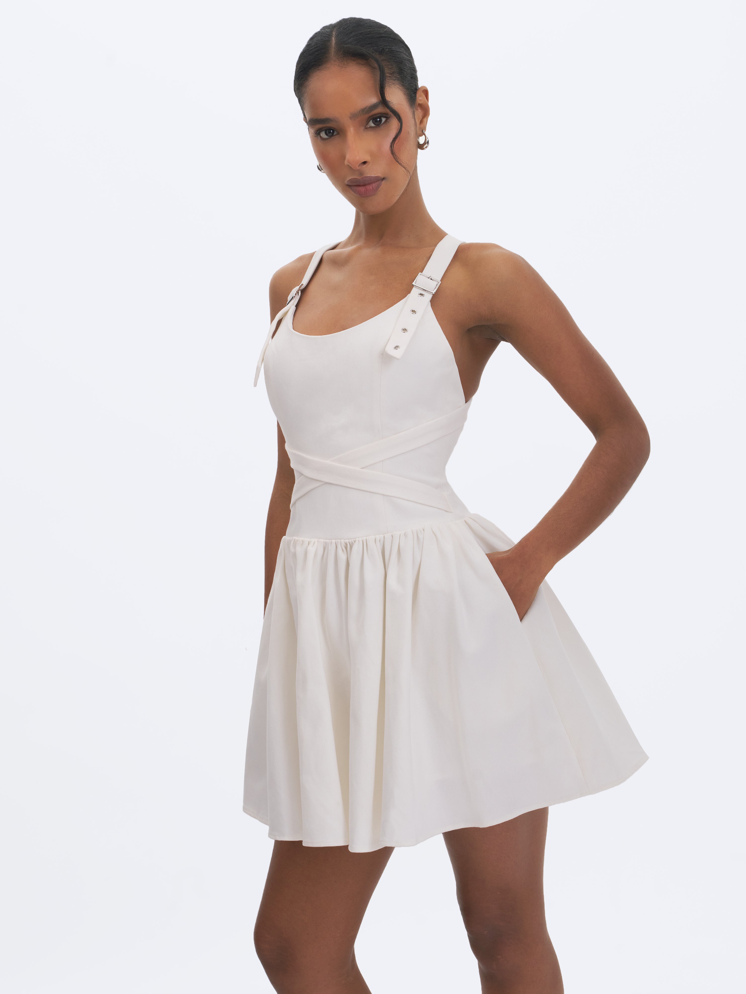 Francine White Cotton Denim Crossover Strap Mini Dress