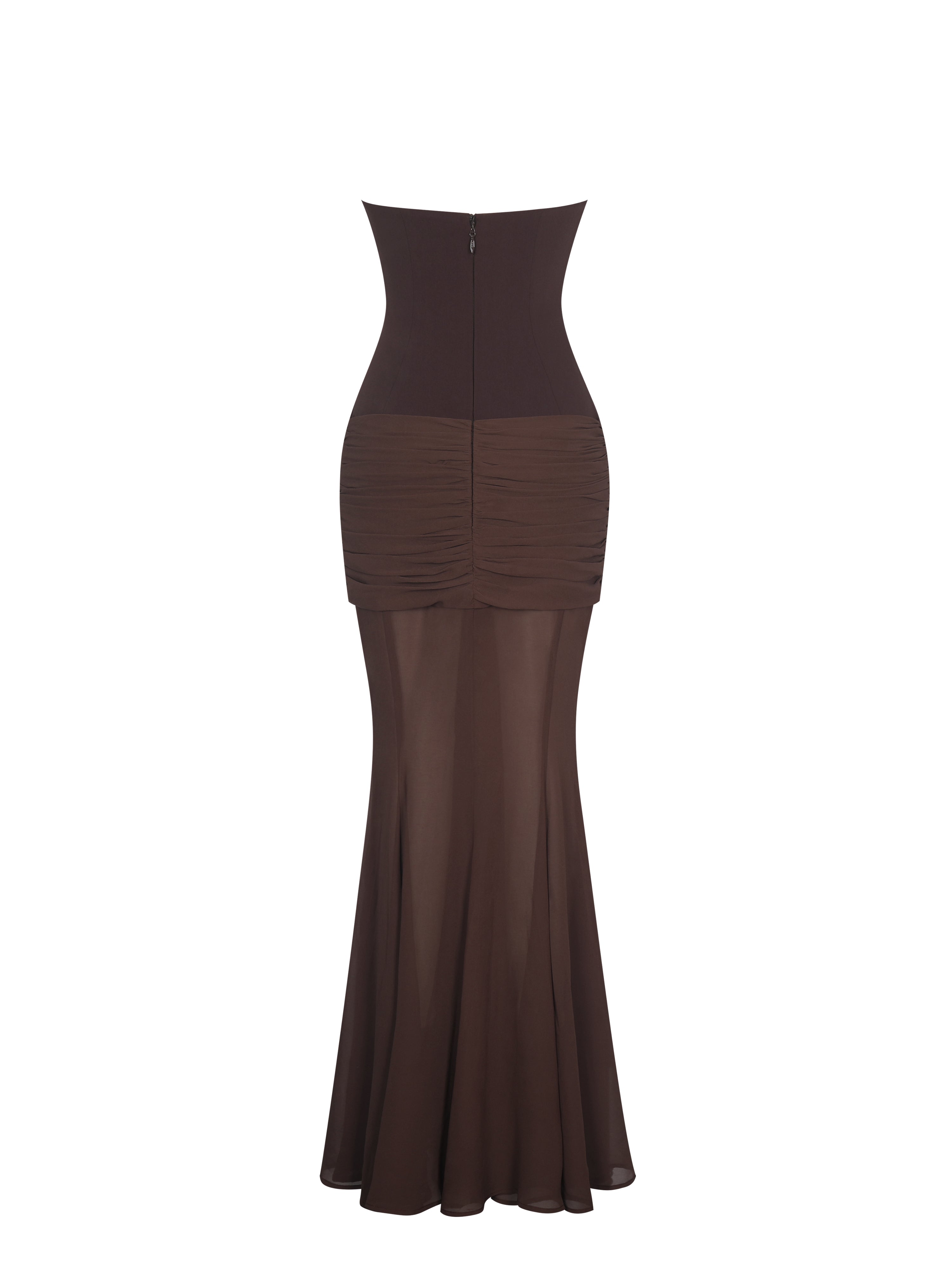 Giovana Espresso Sweetheart Draped Mesh Mermaid Maxi Dress