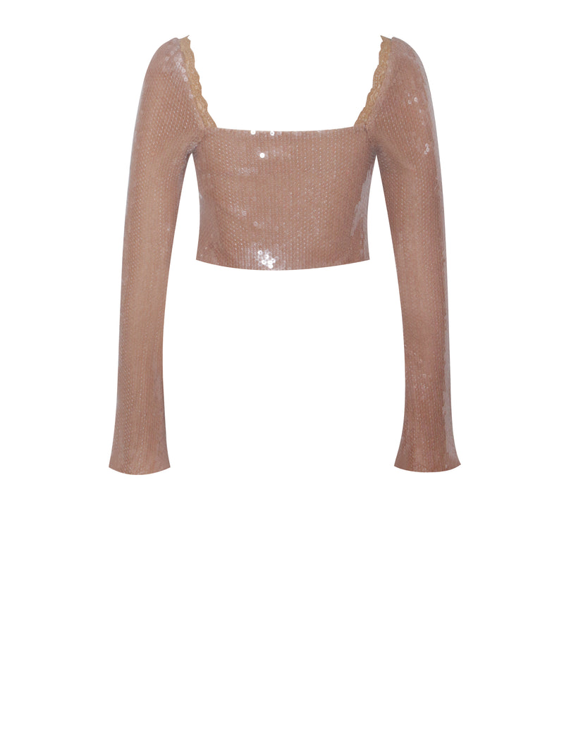 Ollie Nude Sequin Lace Up Top With Lace Trim