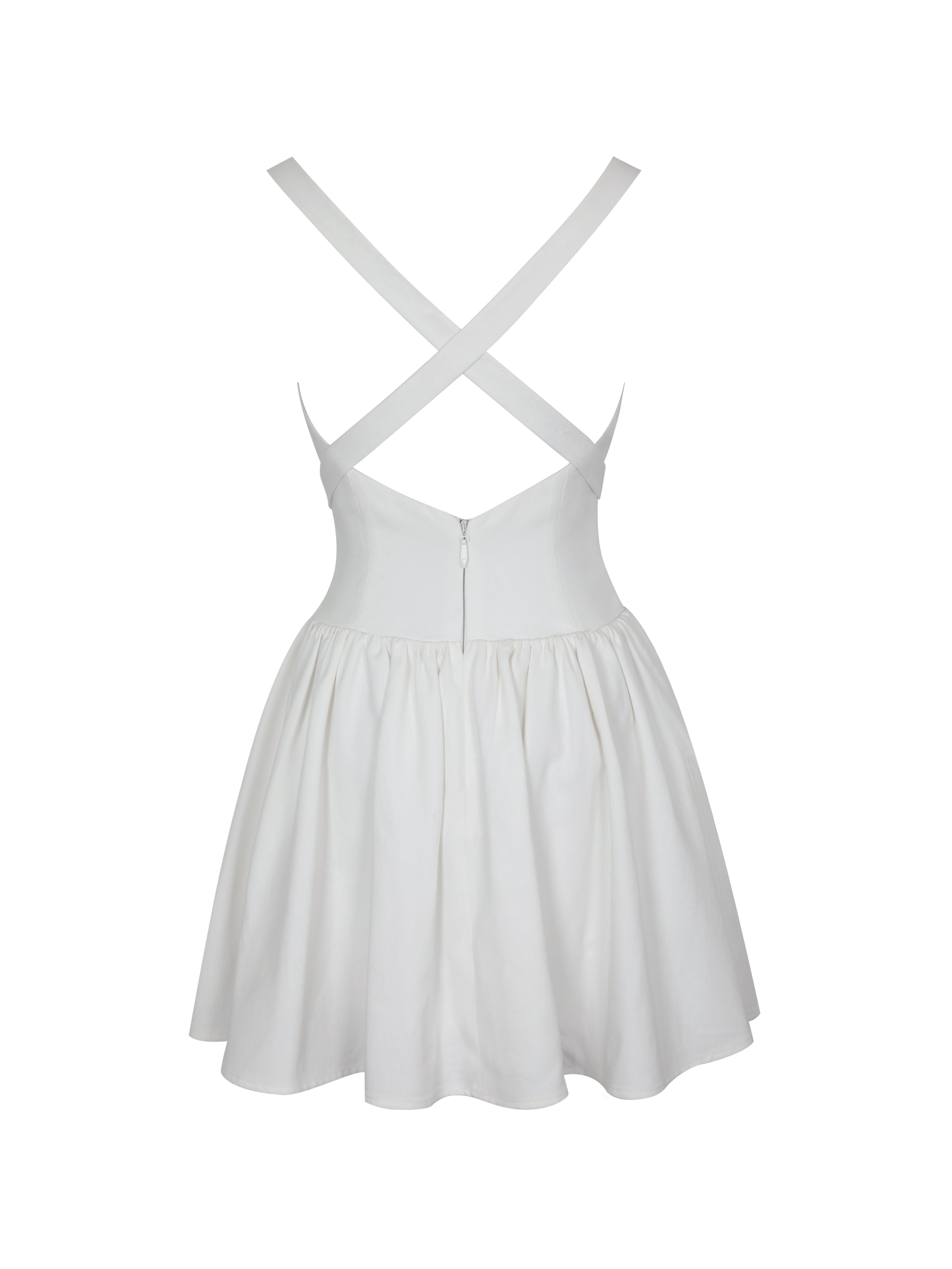 Francine White Cotton Denim Crossover Strap Mini Dress