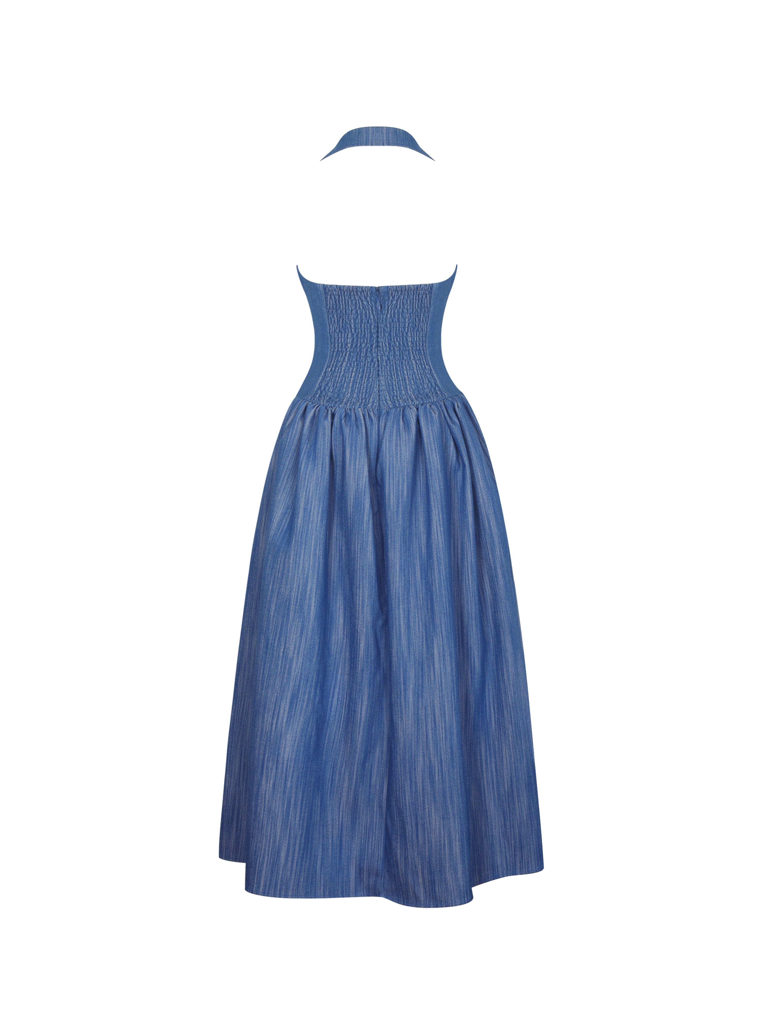 Xyan Navy Denim Lapel Halter Midi A-Line Dress