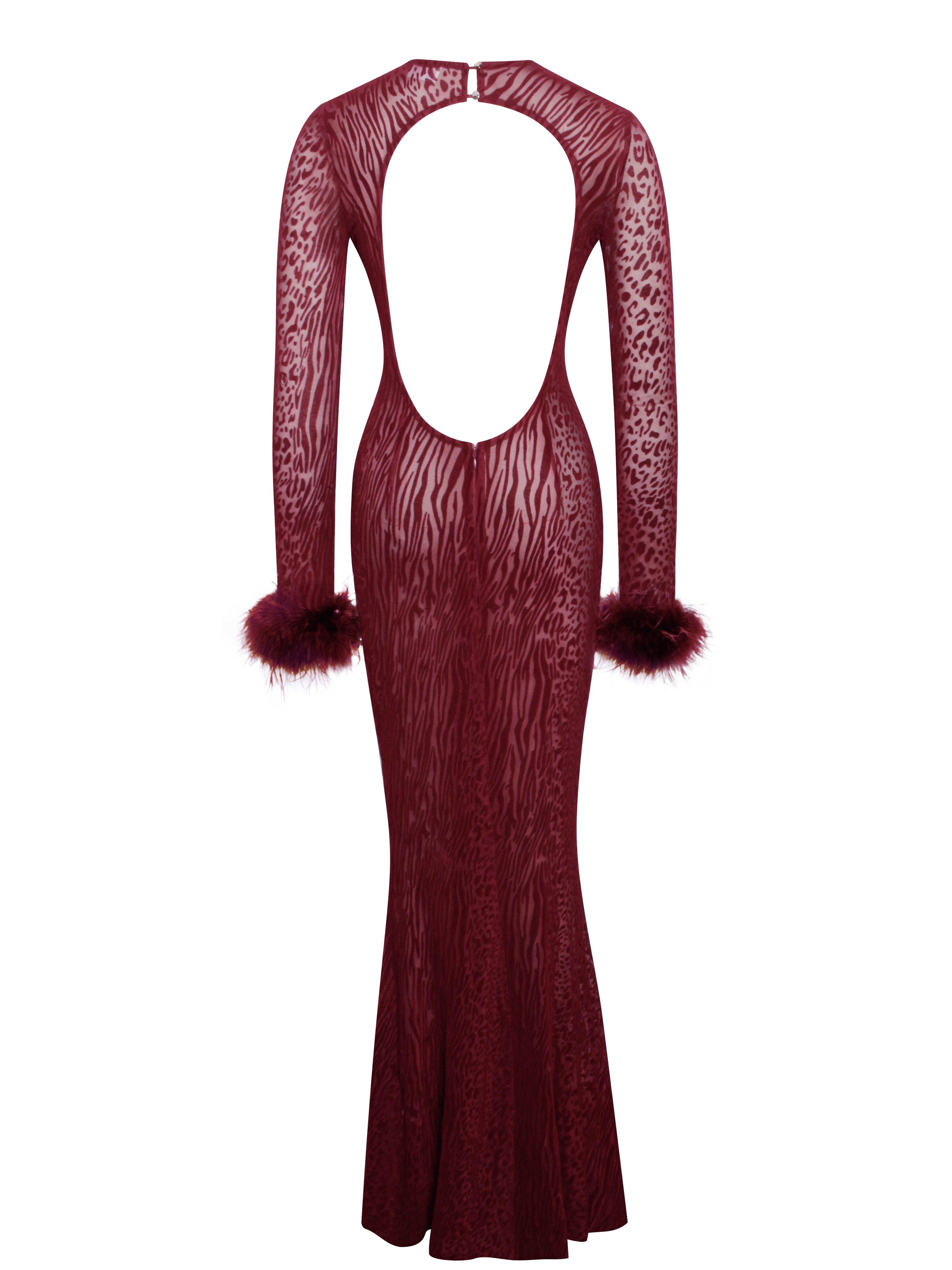 Patricia Burgundy Leopard Burnout Velvet Mesh Backless Maxi Dress