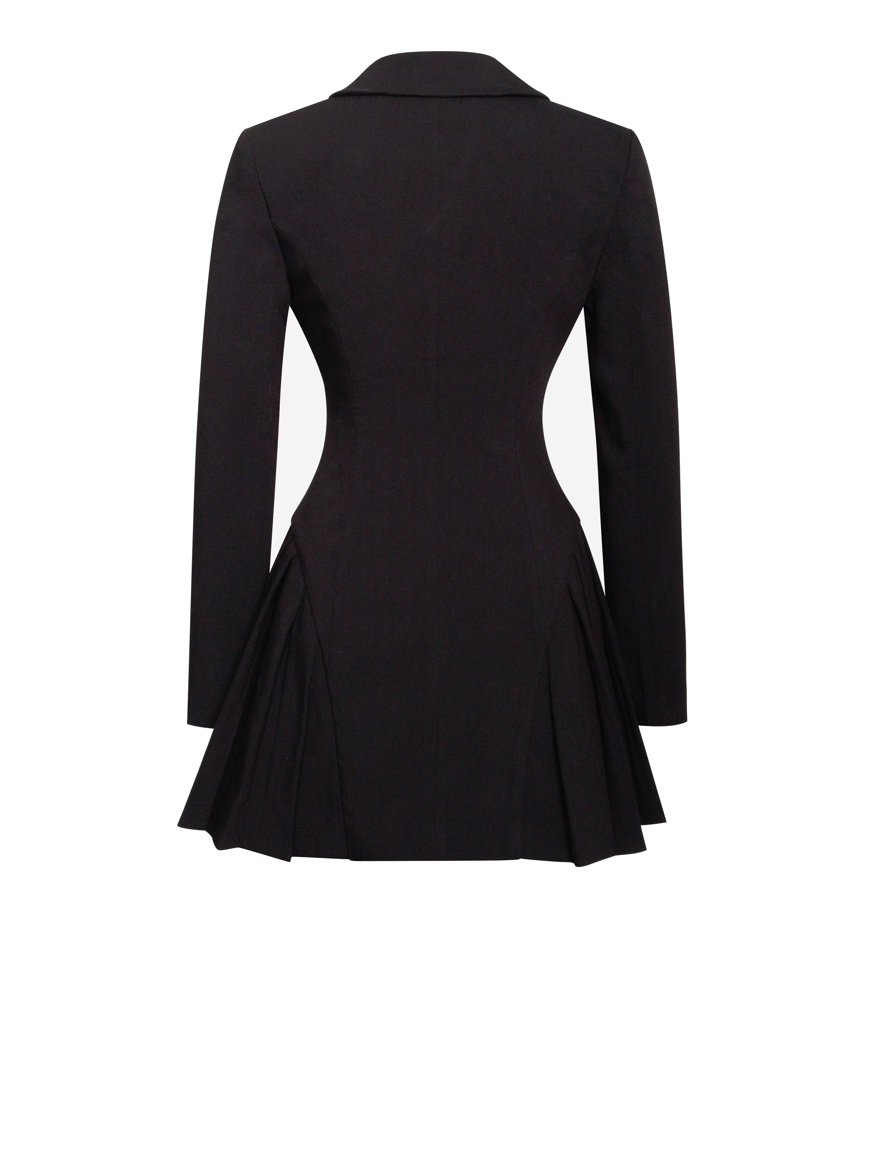 Ria Black Blazer Mini Dress with Crystal Button and Pleated Detail