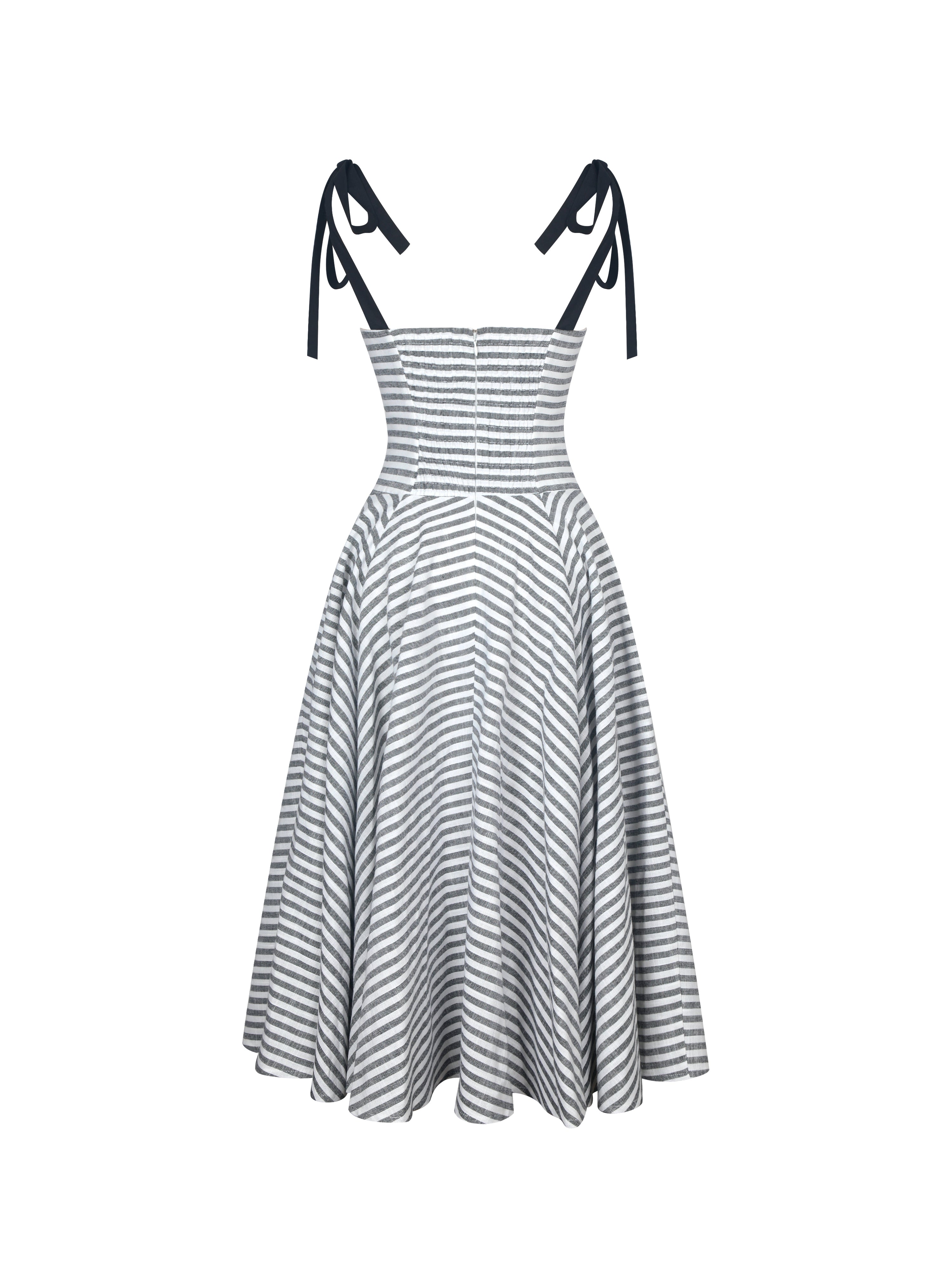 Riley Black & White Striped Linen Flared Midi Dress