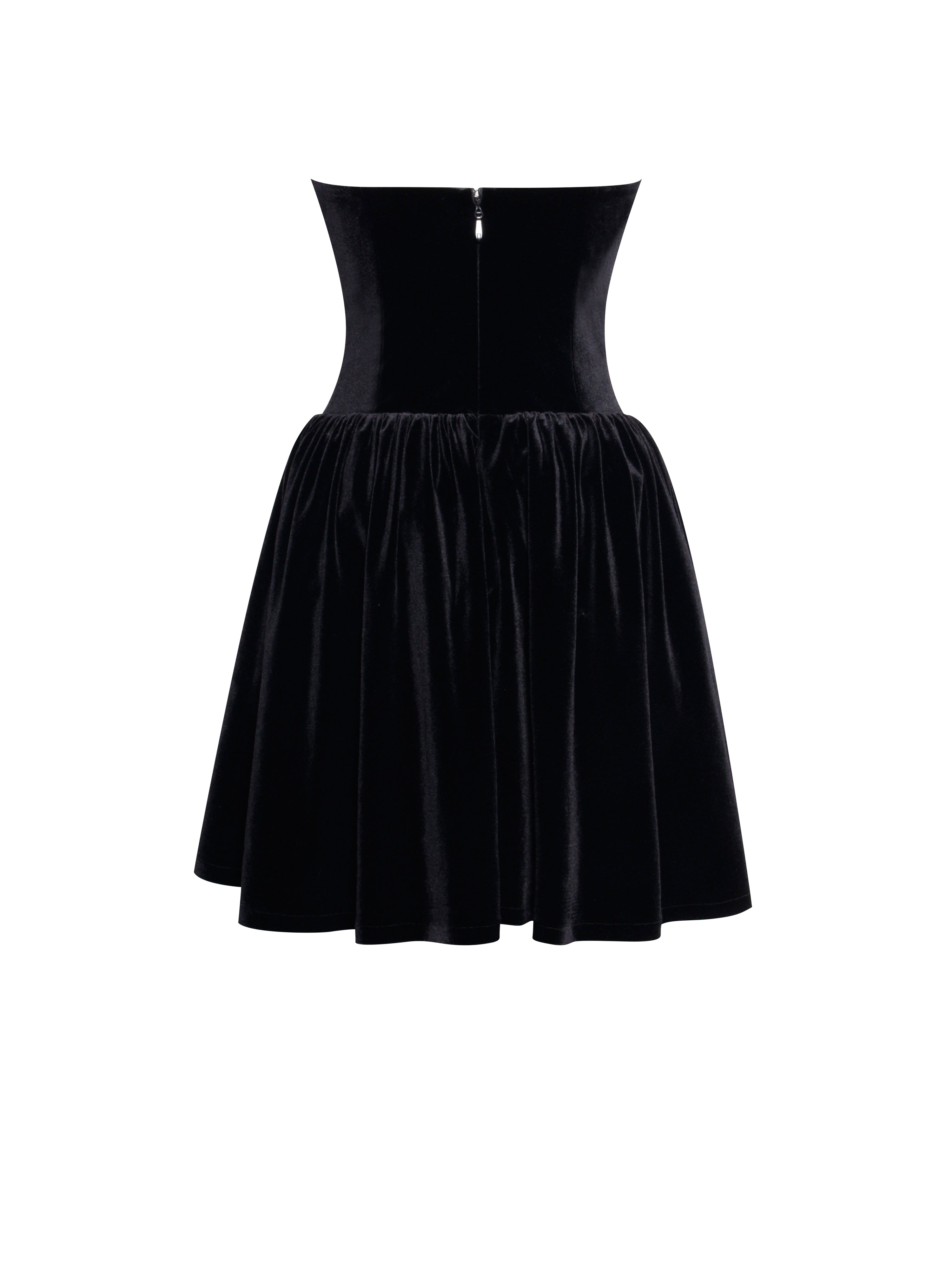 Nora Black Velvet Drop Waist Corset Puffy Mini Dress with Lace Trim (A