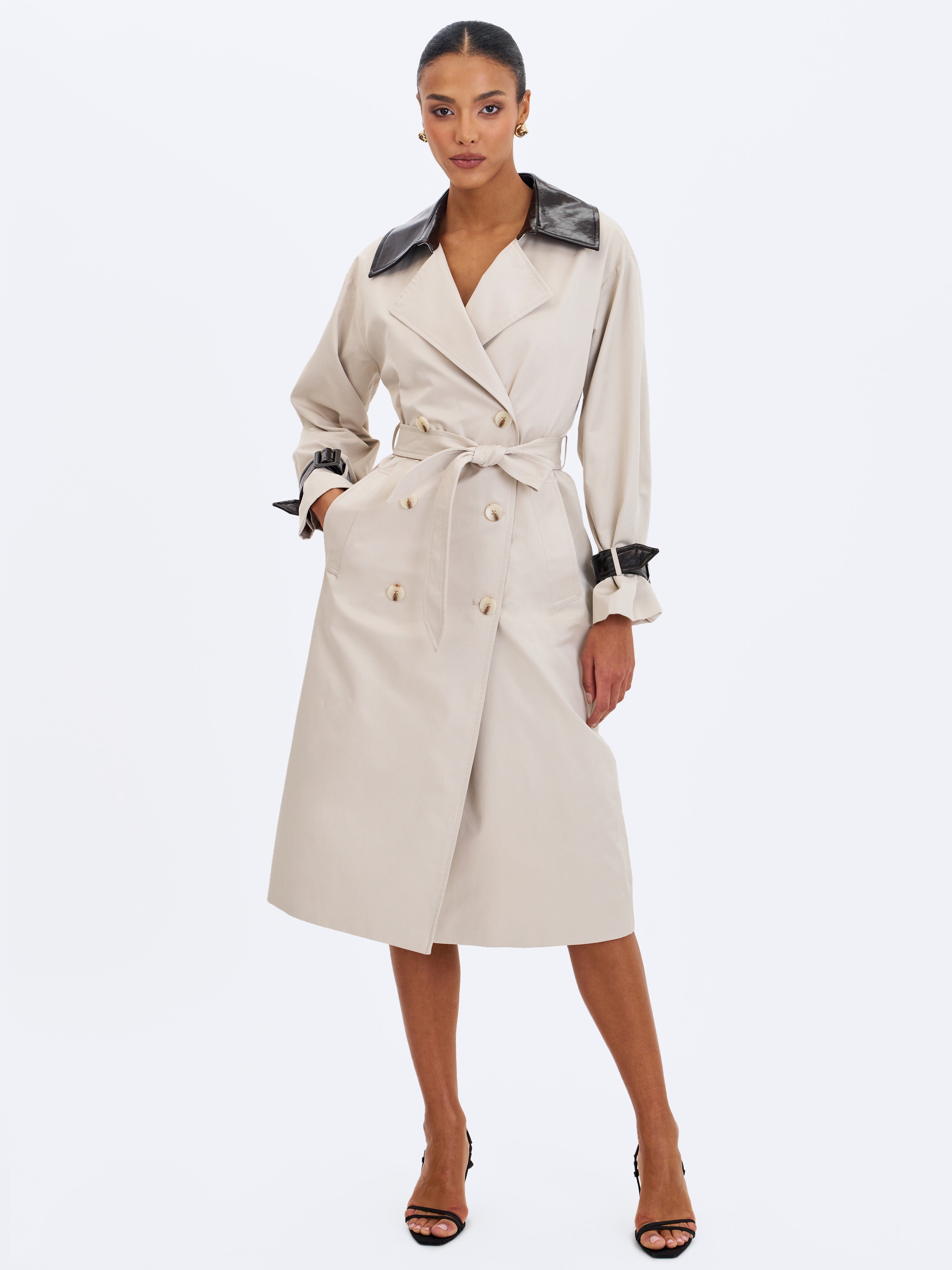 Umber Oyster Double-Breasted Faux Leather Lapel Midi Coat