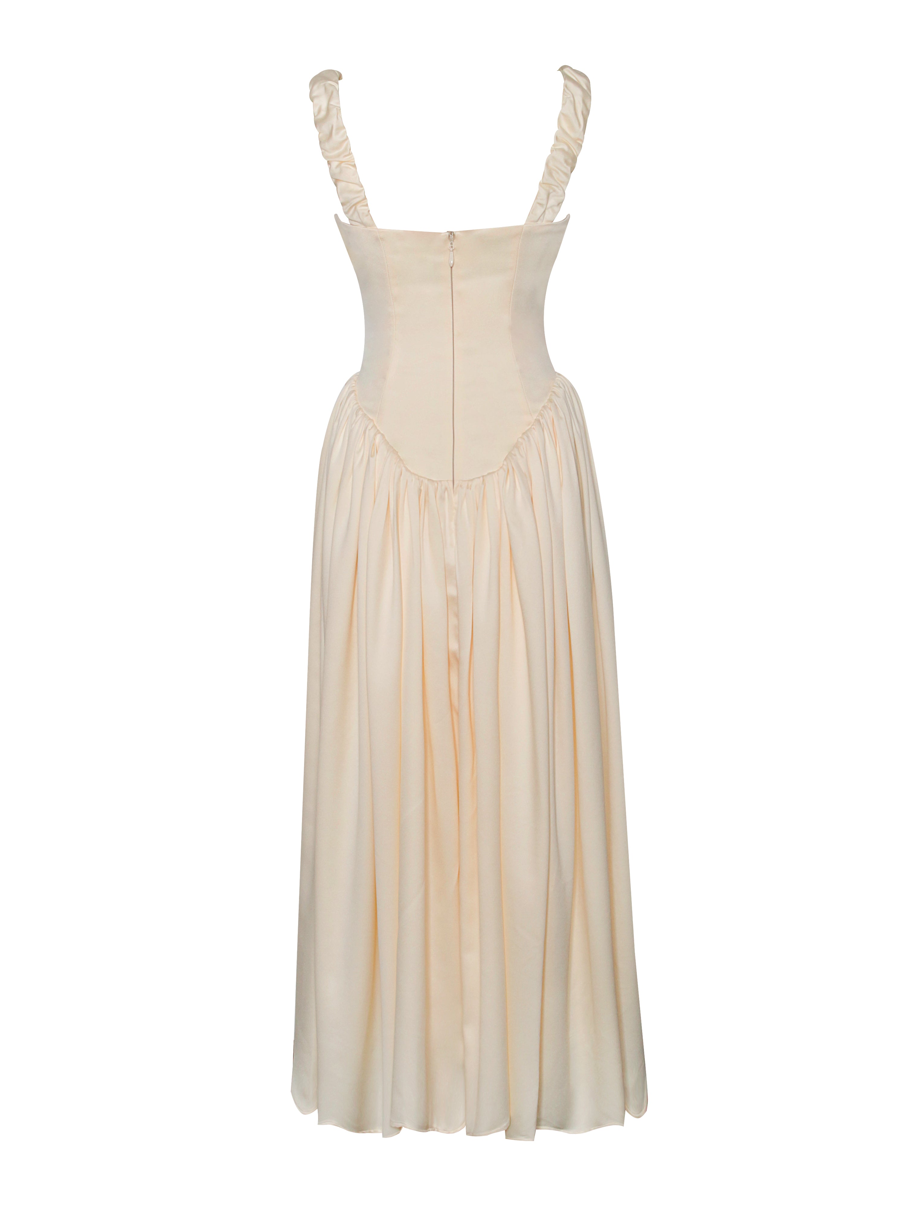 Noreen Egg White Satin Drop Waist Maxi Sundress