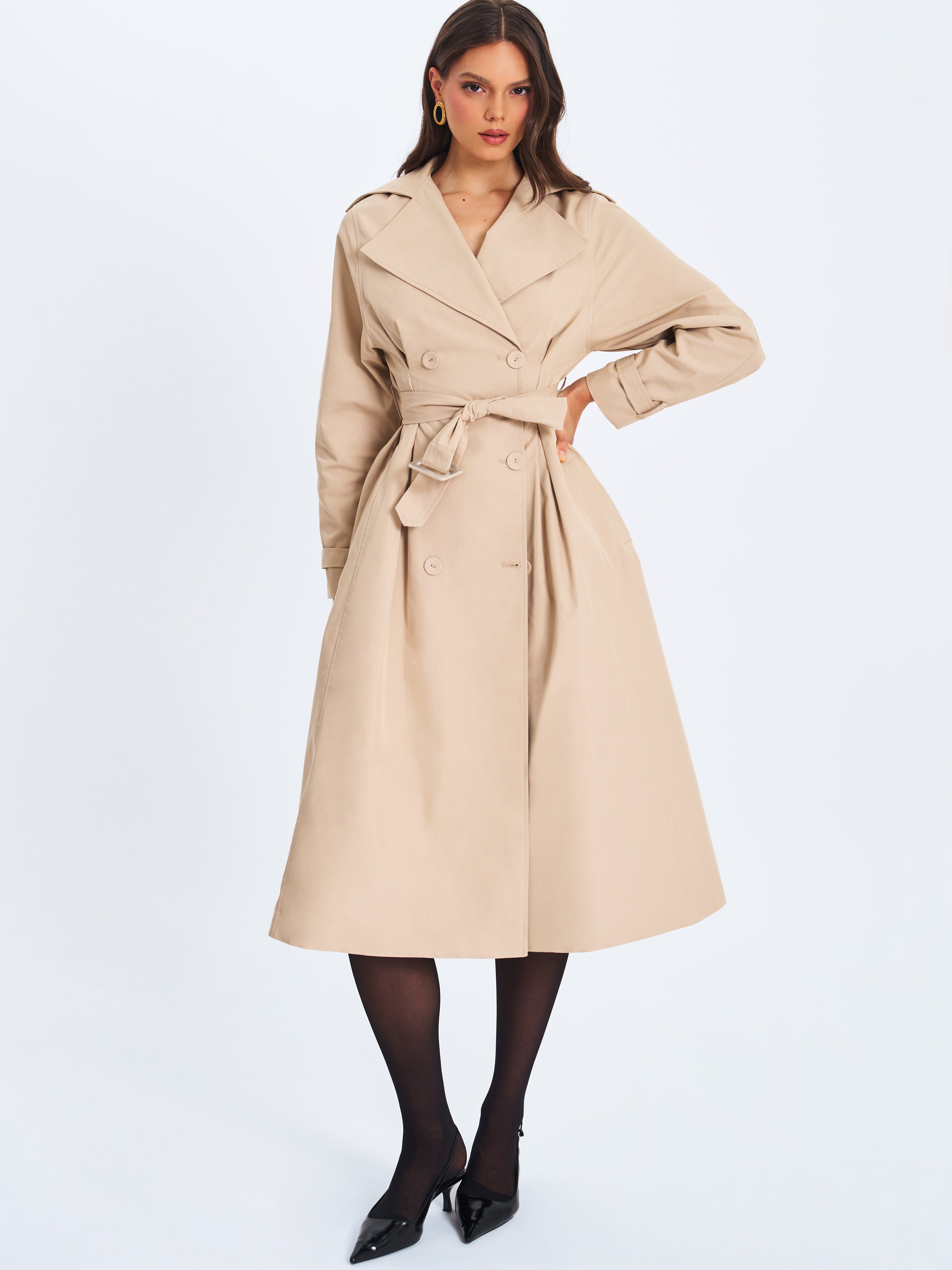 Ulila Beige Double-Breasted Pleated Cotton-Blend Trench Coat