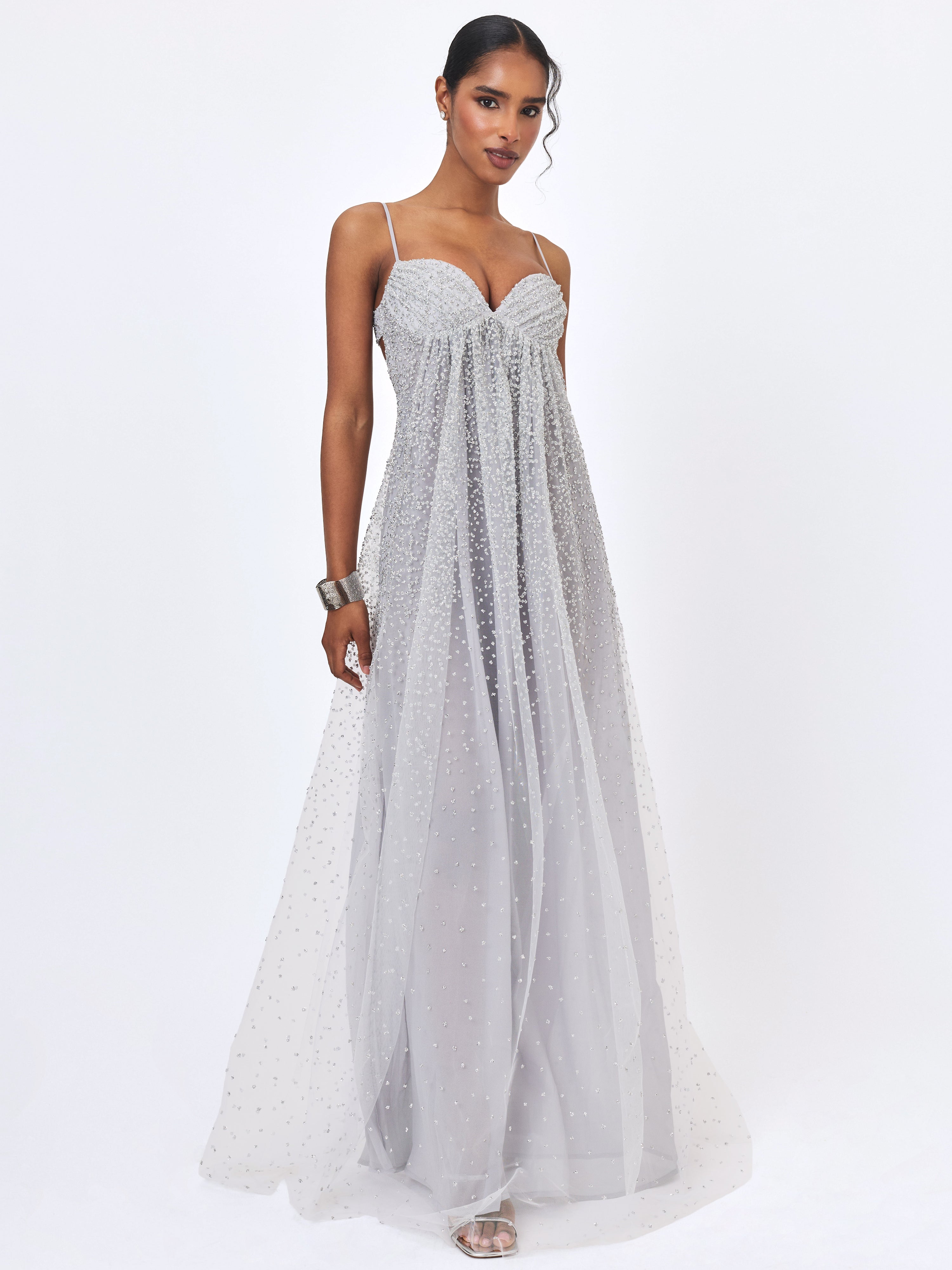 Wallie Silver Rhinestone Embellished Mesh Backless Gown