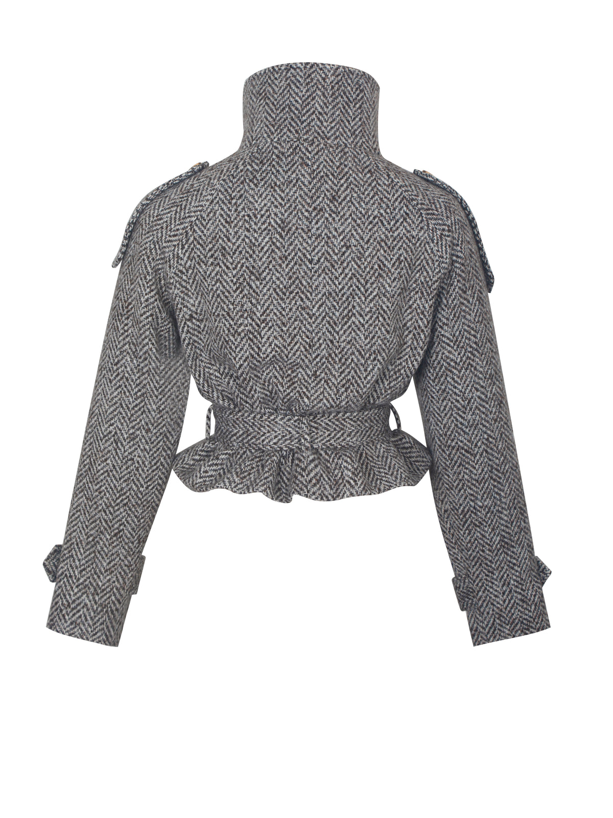 Sadie Brown & White Herringbone High Collar Belted Mini Jacket