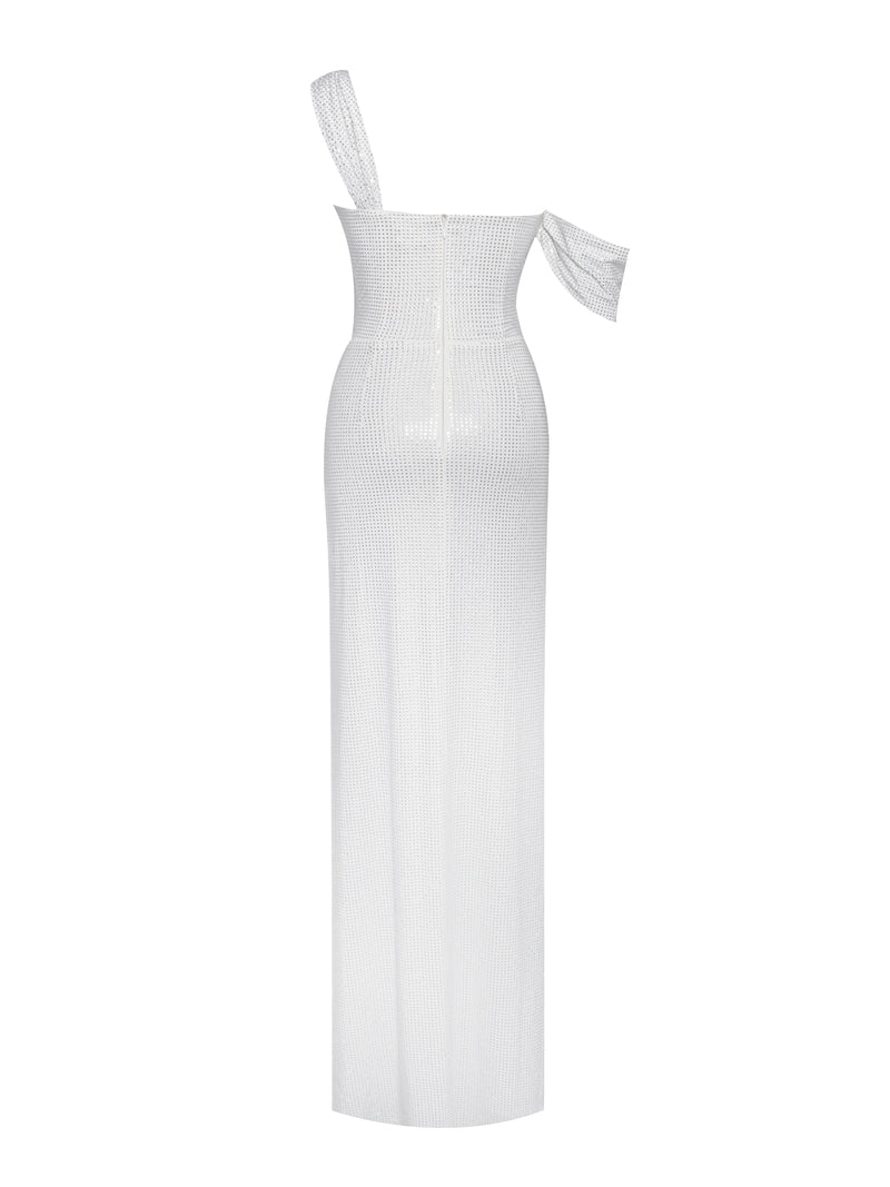 Paget White Mesh Rhinestone Embellished High Slit Gown