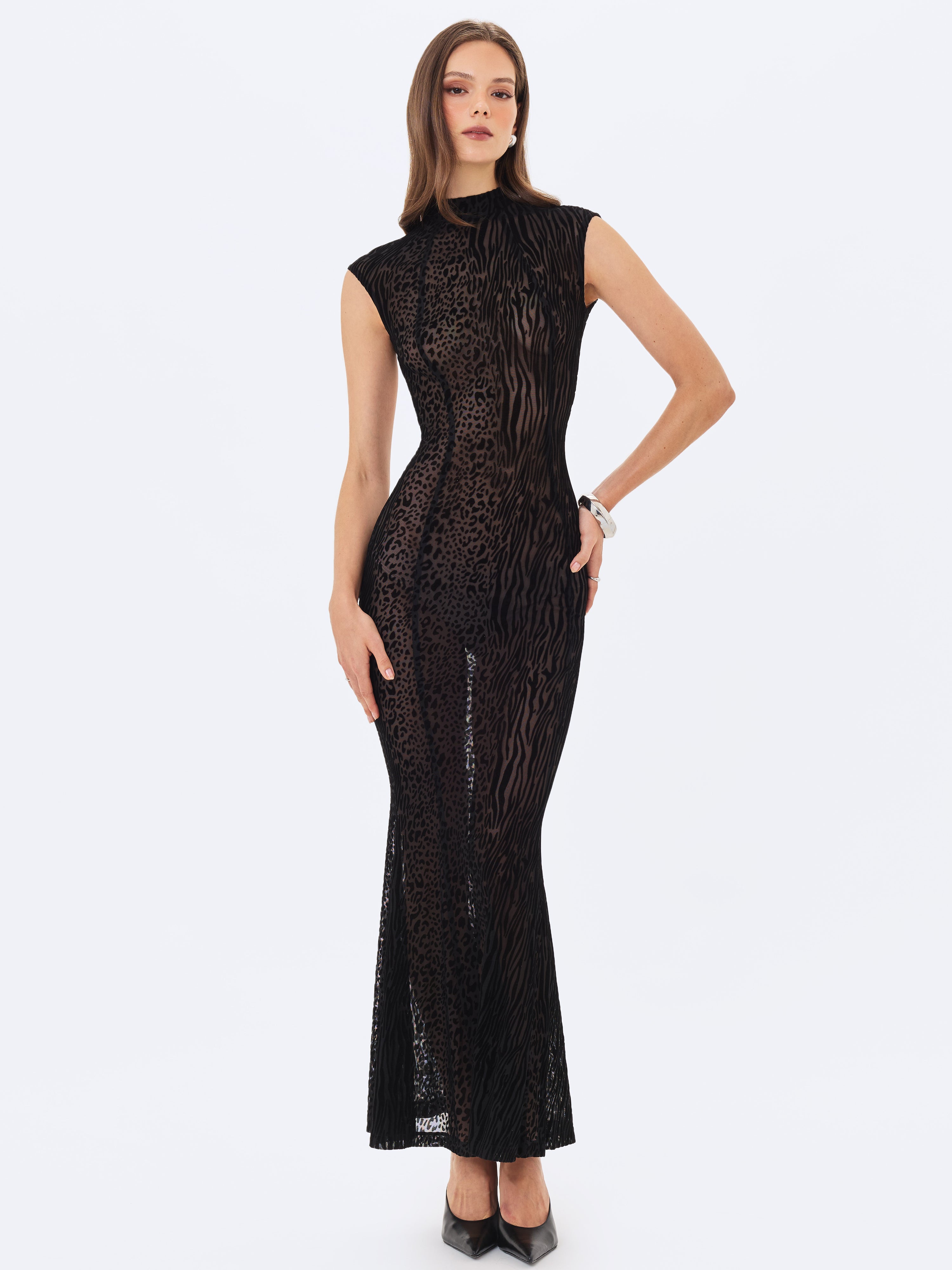 Tyanna Black Burnout Velvet Mesh Backless Mermaid Maxi Dress