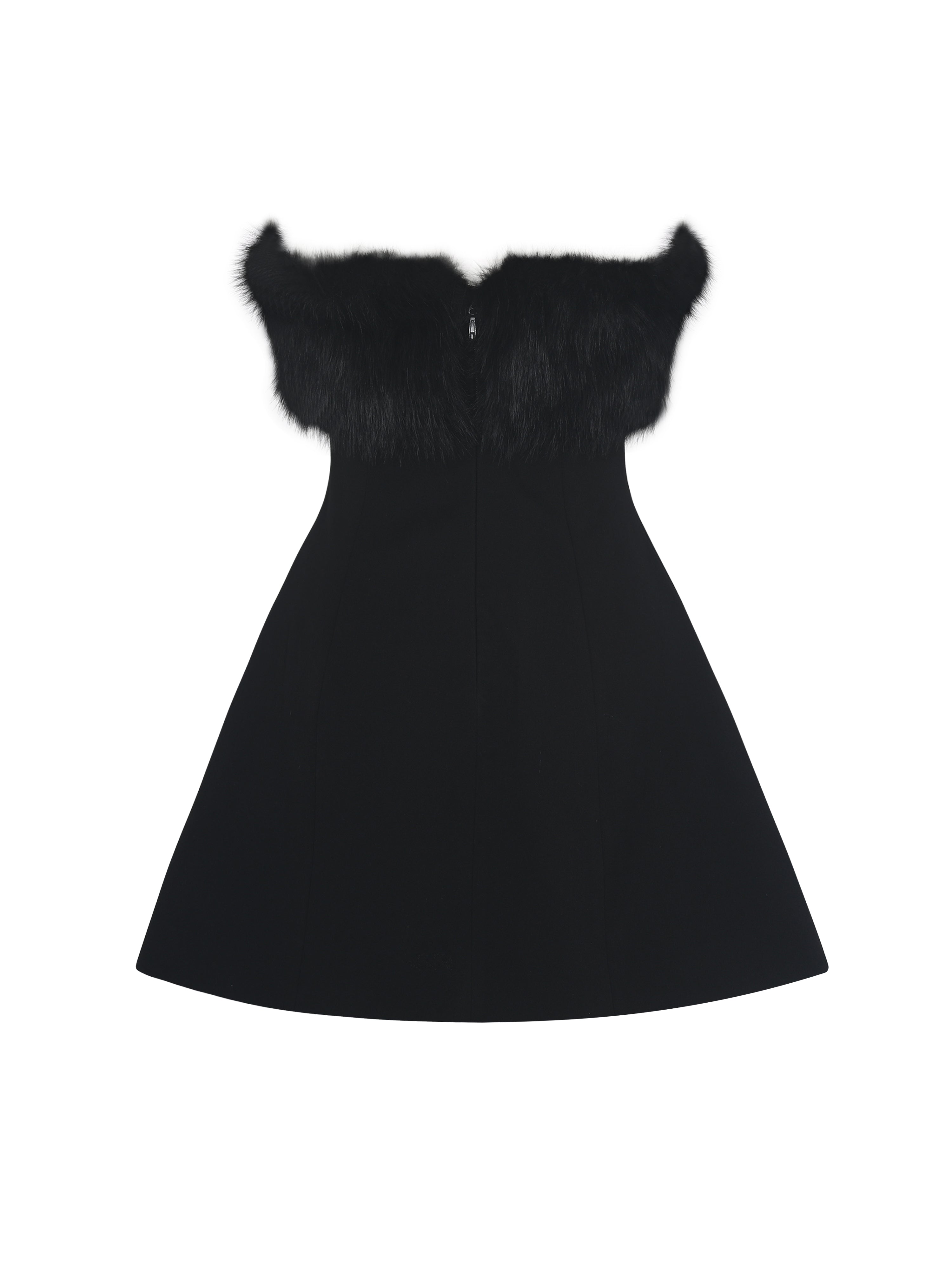 Evelyn Black Fur-Trimmed Mini A-Line Dress