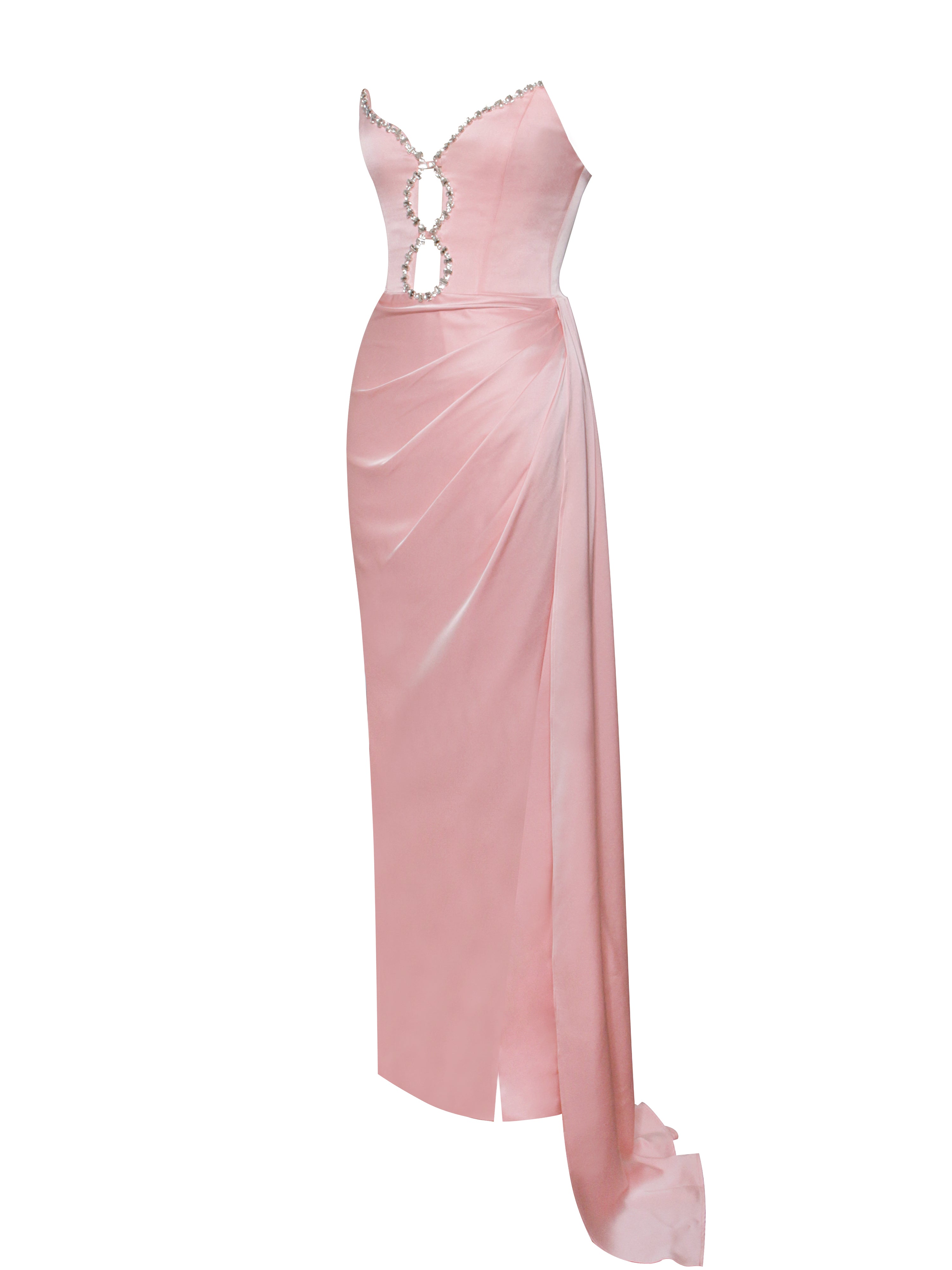 Marilyn Pink Satin Crystal Embellished High Slit Gown