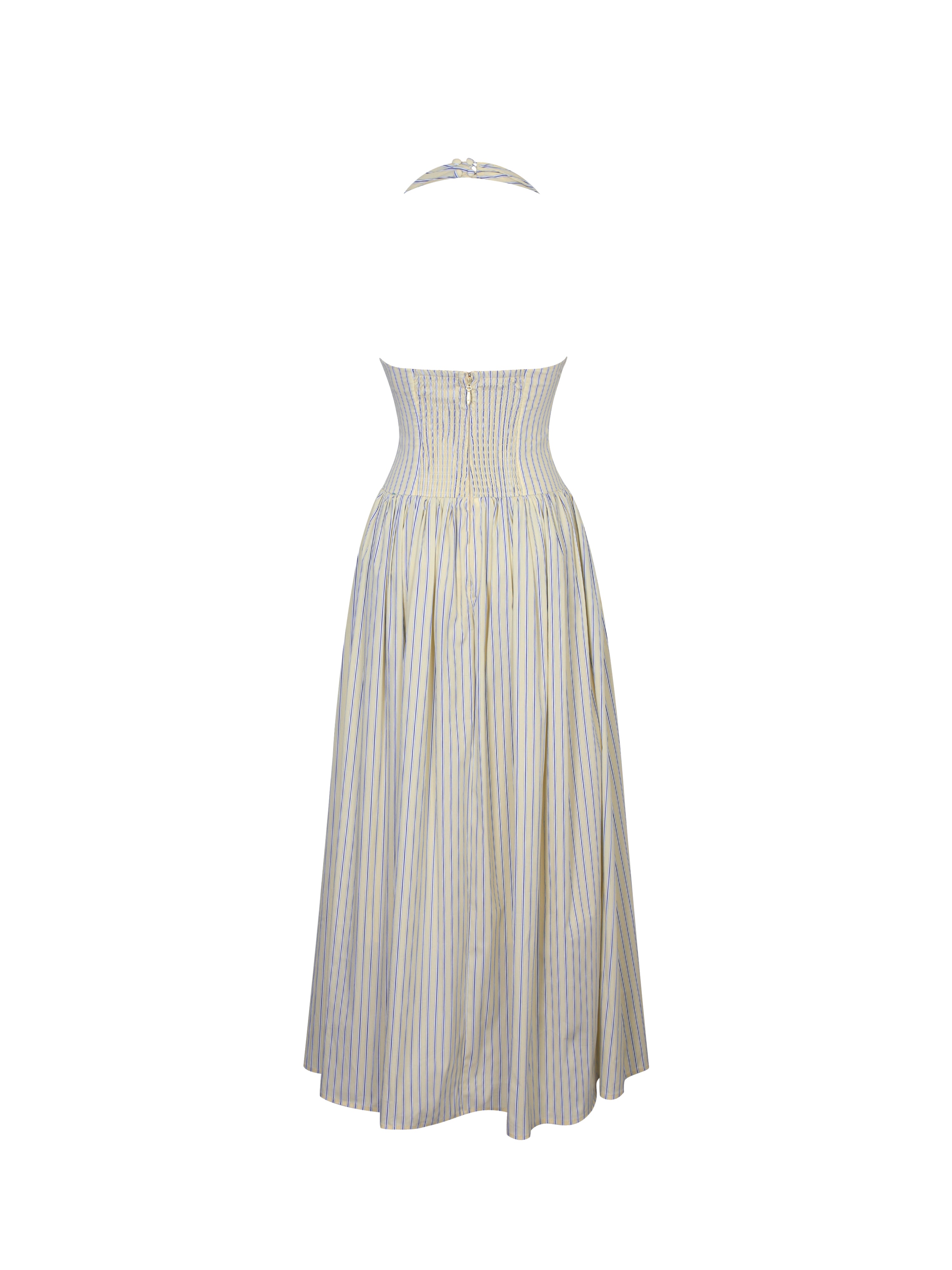 Talise Lemon Yellow Cotton Poplin Stripe Plunging Halter Maxi Dress