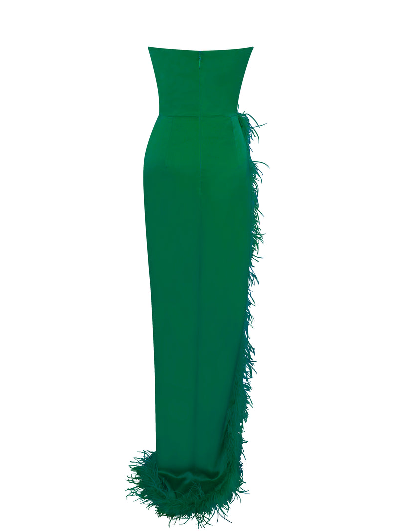 Perrin Emerald Green Feather Dress High Slit Gown