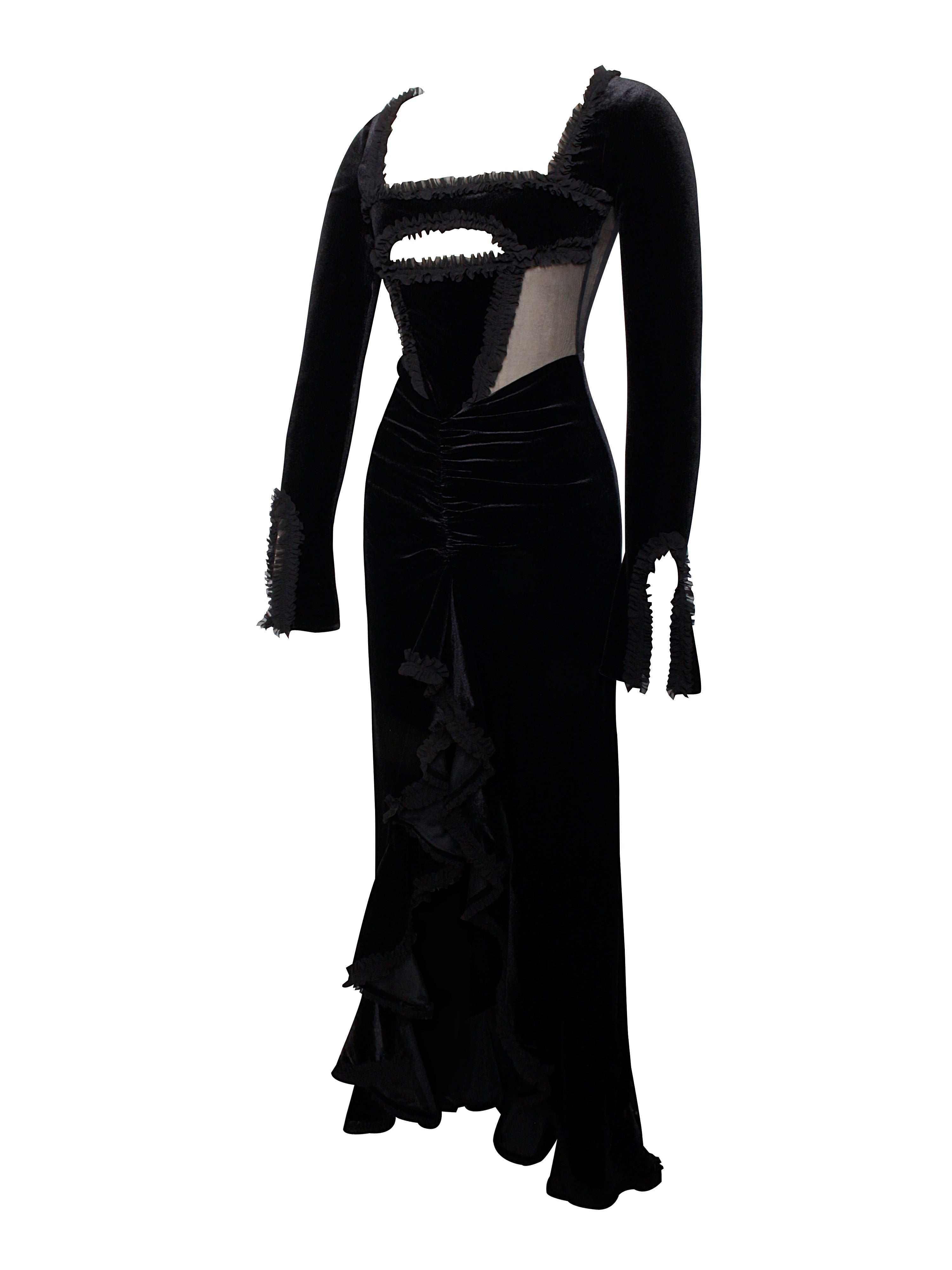 Maeve Black Velvet and Mesh Long Sleeve Maxi Dress