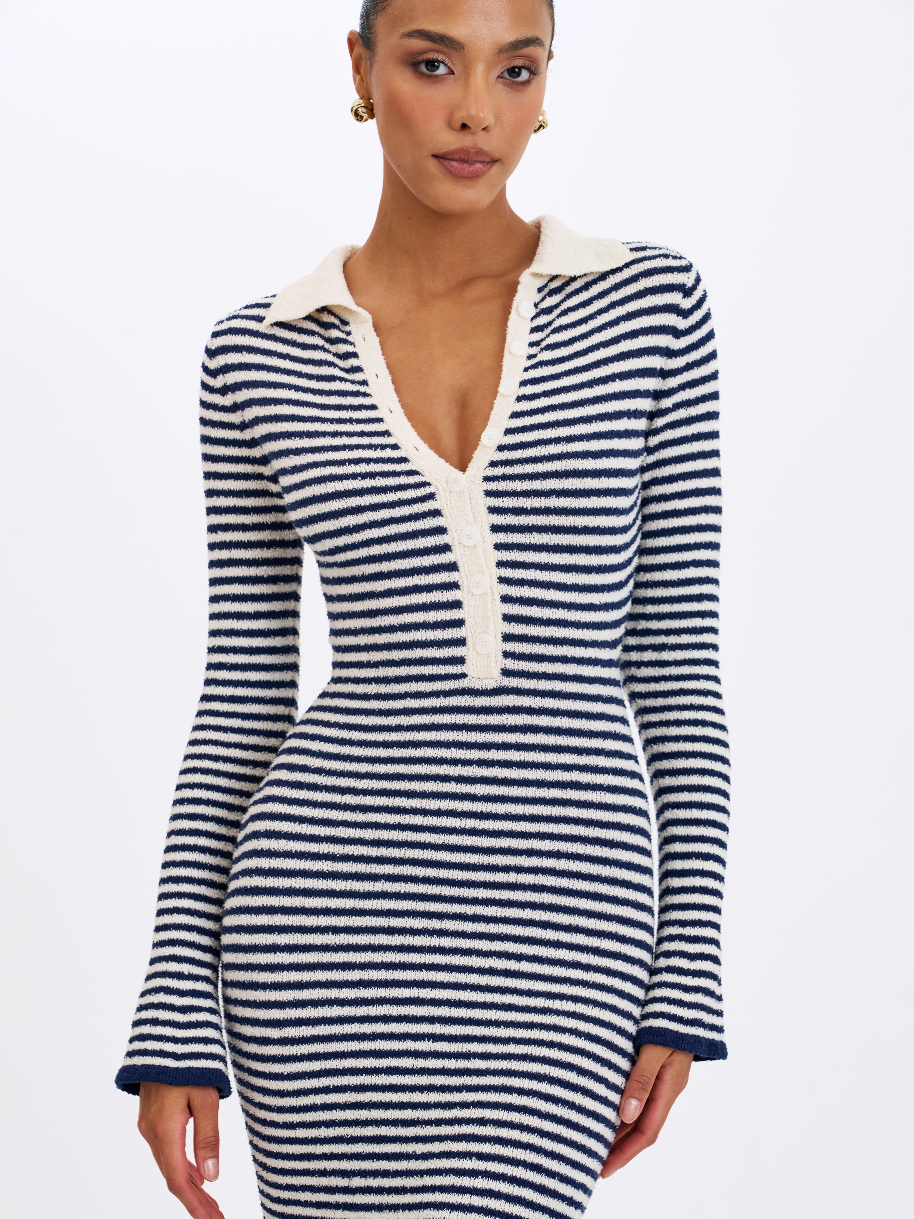 Xelie Navy & White Cotton Terry Knit Mermaid Maxi Dress