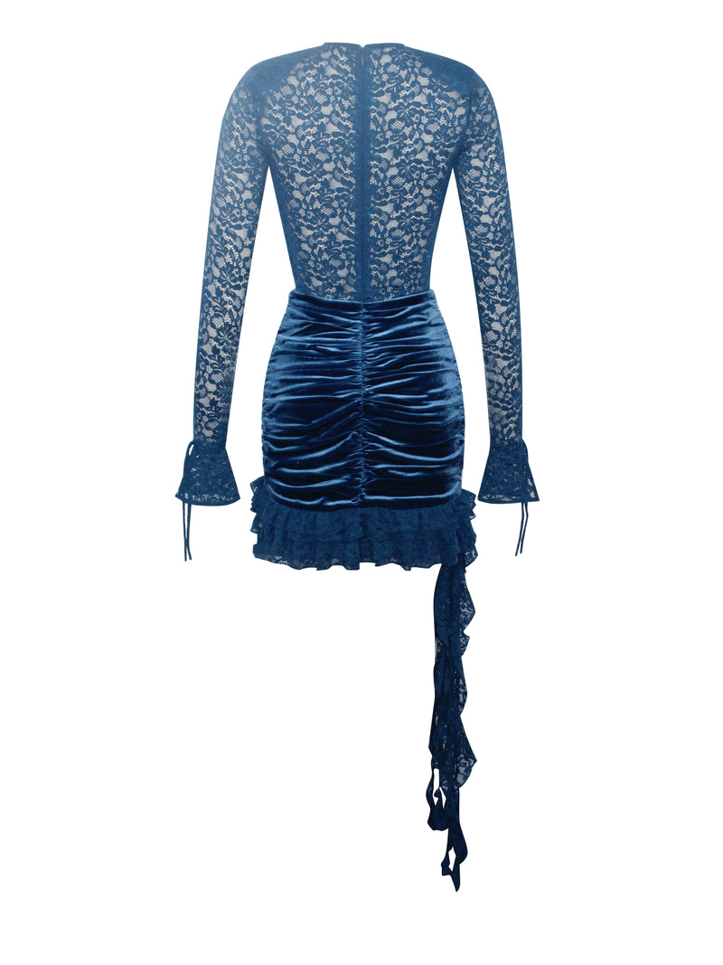 Nadina Teal Lace Velvet Mini Dress