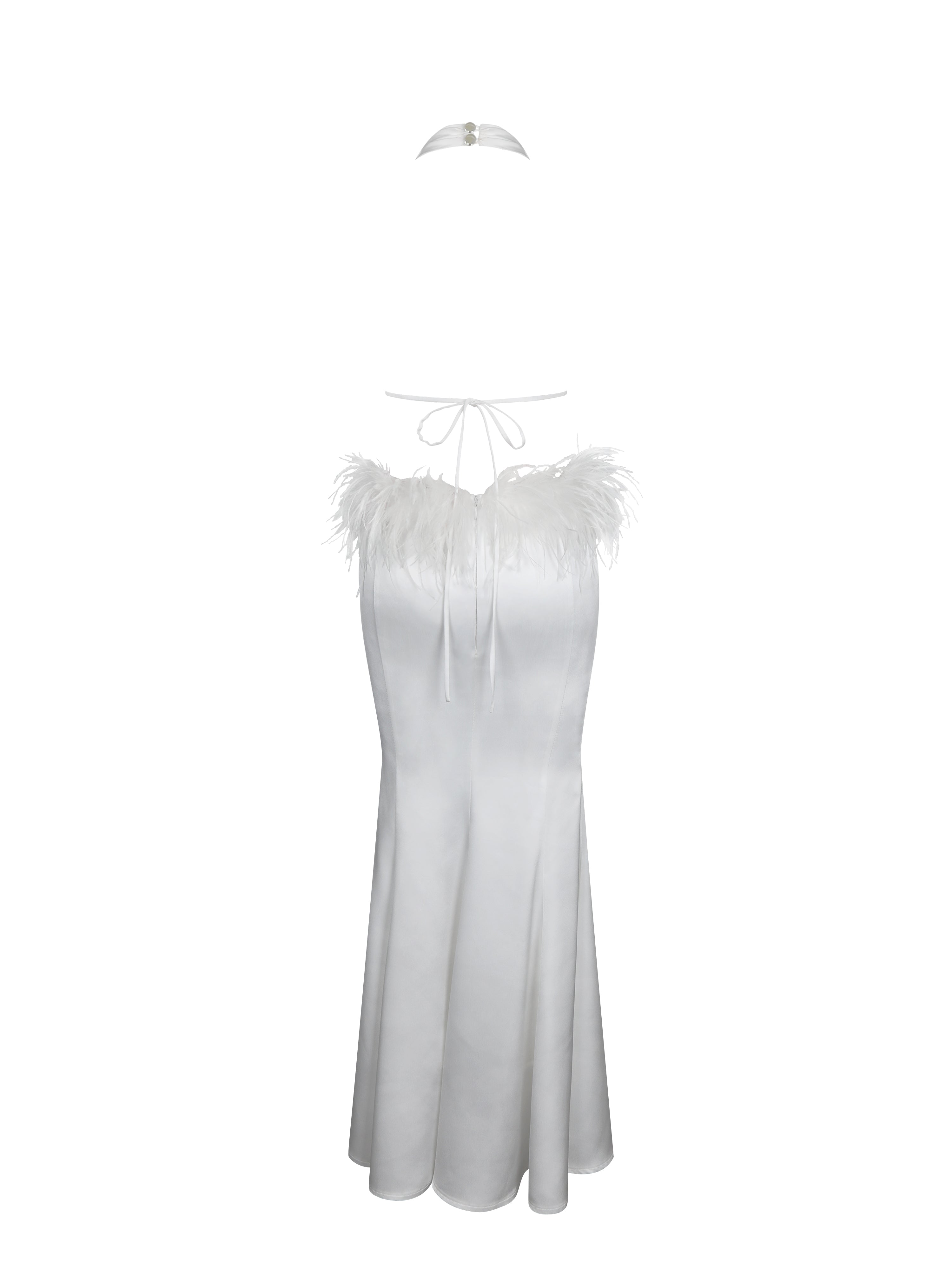 Solene Pleated Halter Backless Feather-Trim Maxi Dress