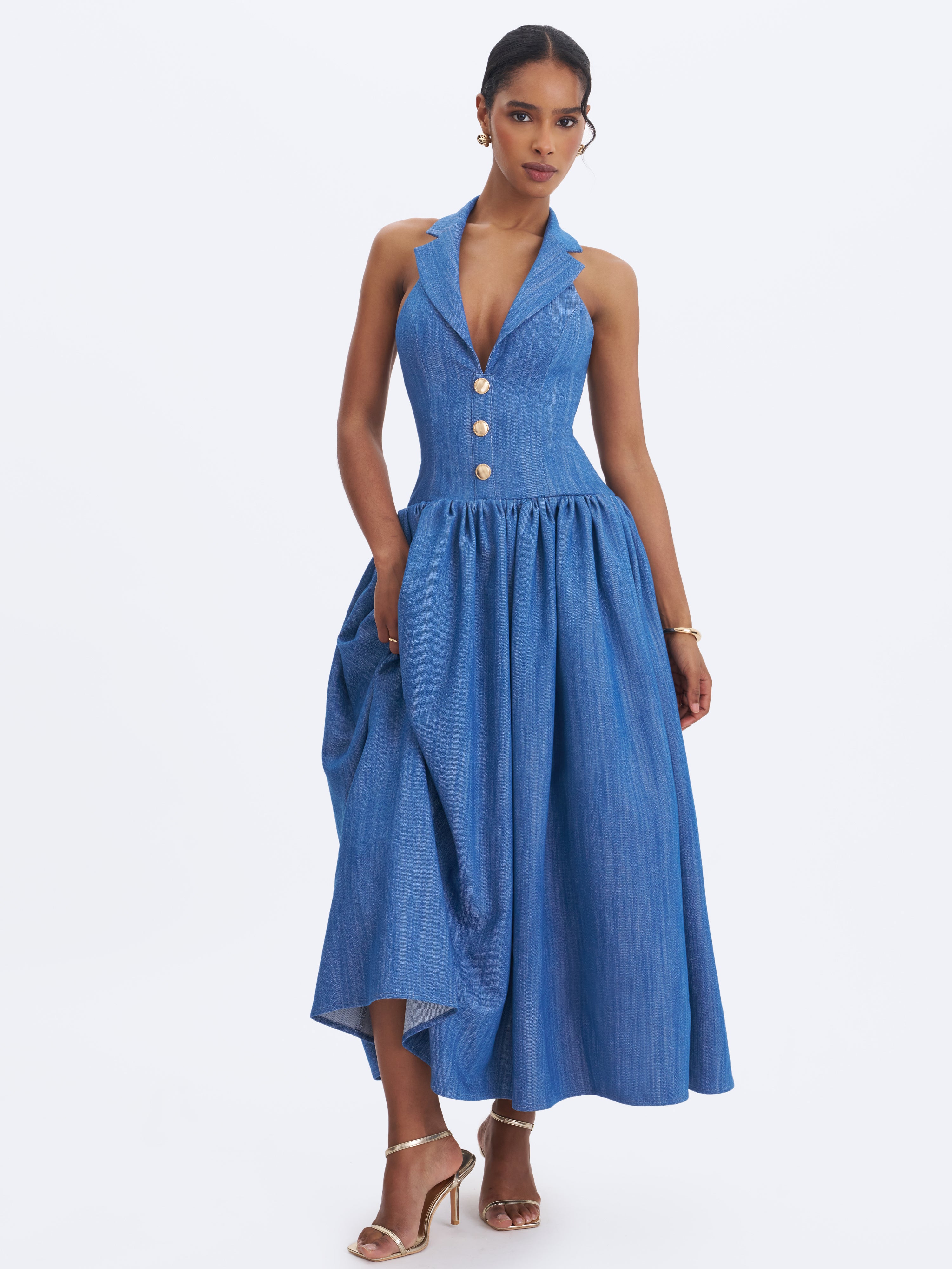 Xyan Navy Denim Lapel Halter A-Line Midi Dress