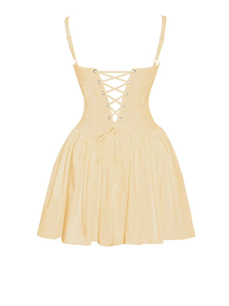Kadi Yellow Cotton Drop Waist Corset Mini Dress