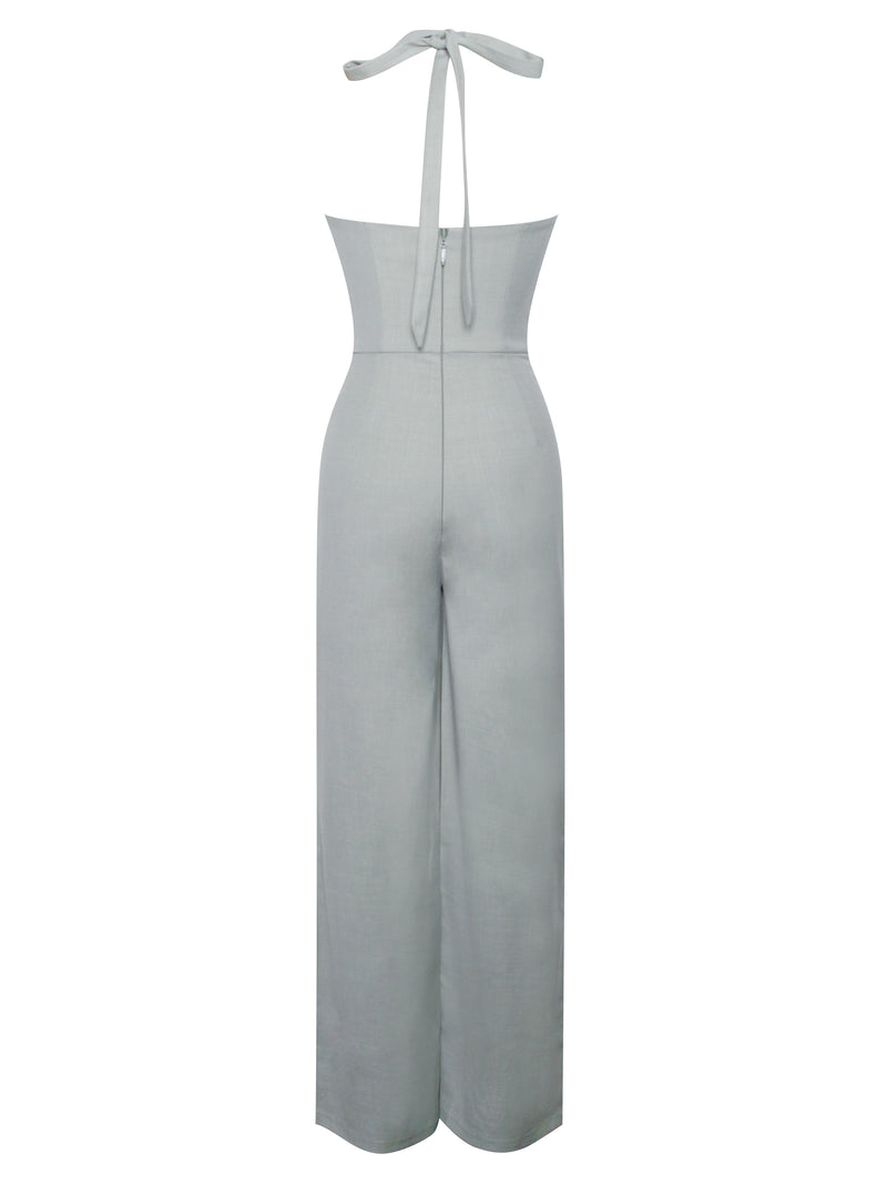 Zaria Sage Green Wide Leg Halter Jumpsuit