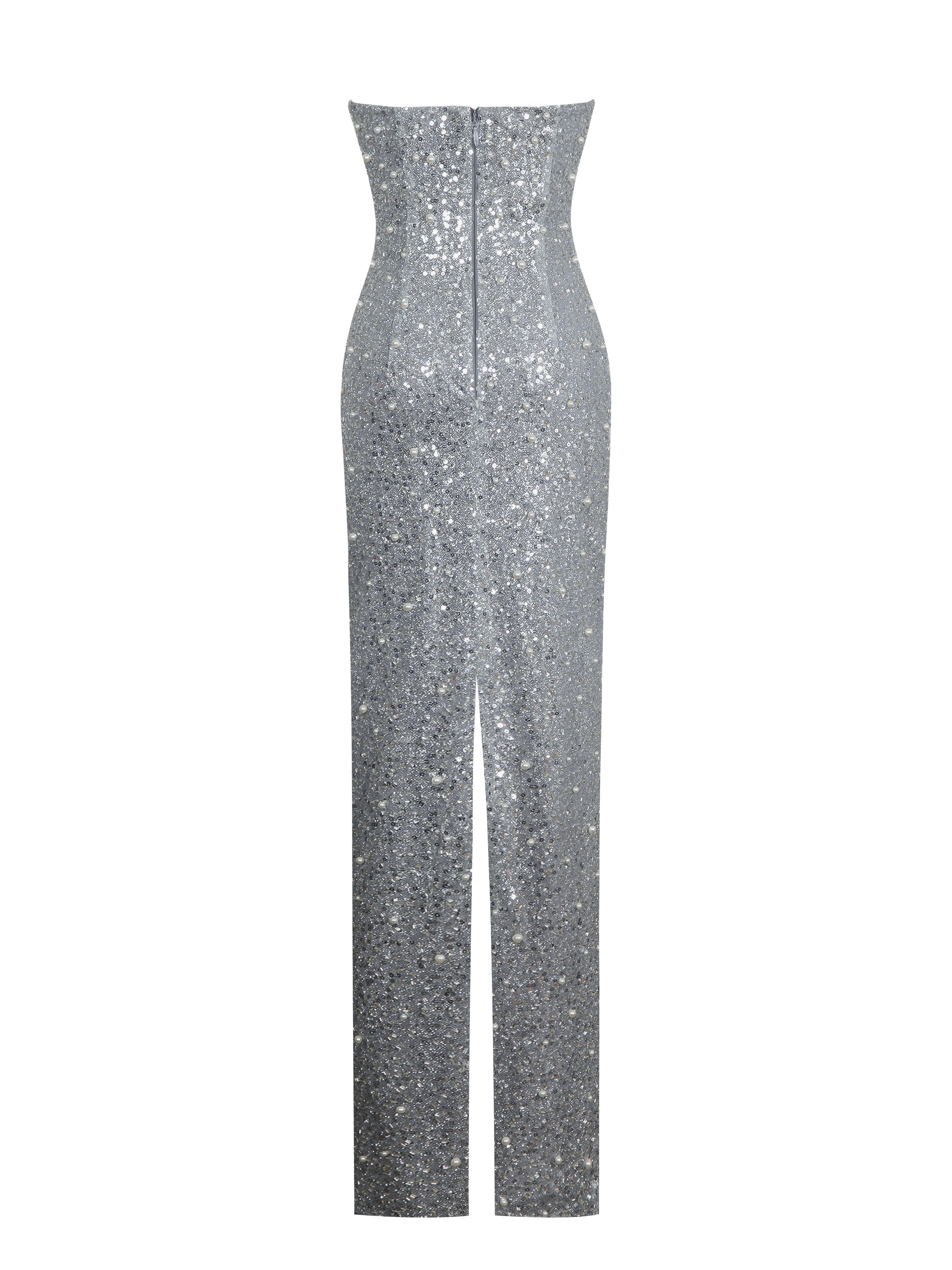 Noelle Silver Sequin Pearl-Embellished Sweetheart Maxi Dress