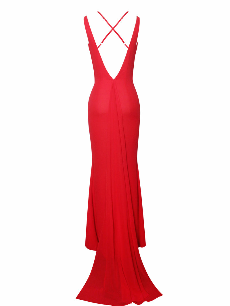 Ulanda Red Chiffon Lace Backless Maxi Train Dress