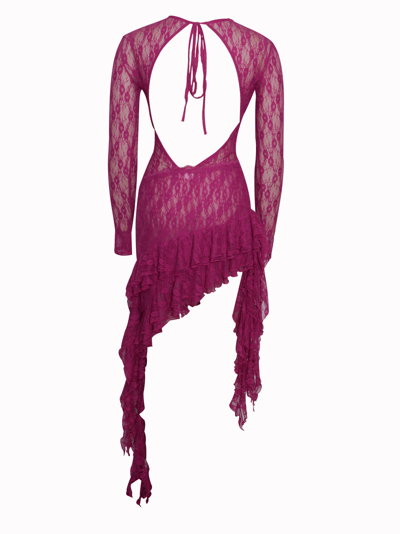 Omaira Fuchsia Lace Long Sleeve Ruffle Dress