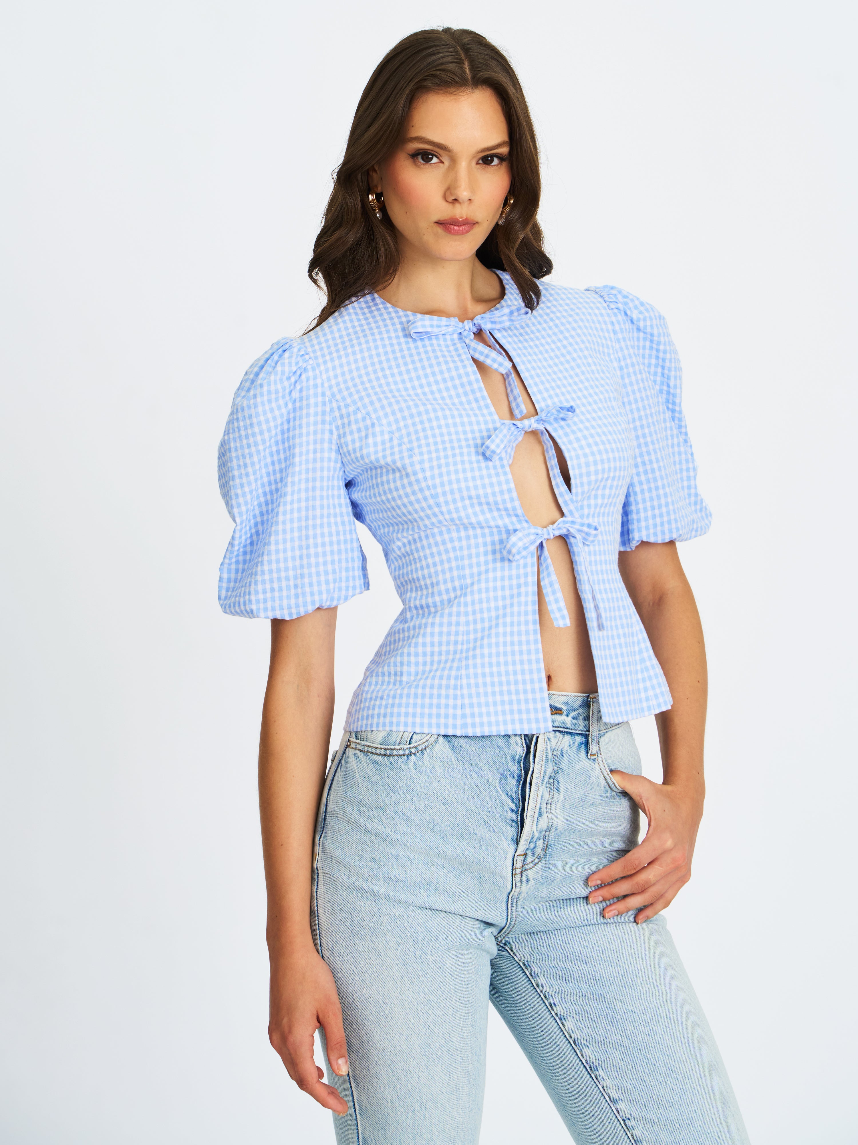 Qusayla Baby Blue Gingham Bubble Sleeve Bowtie Top