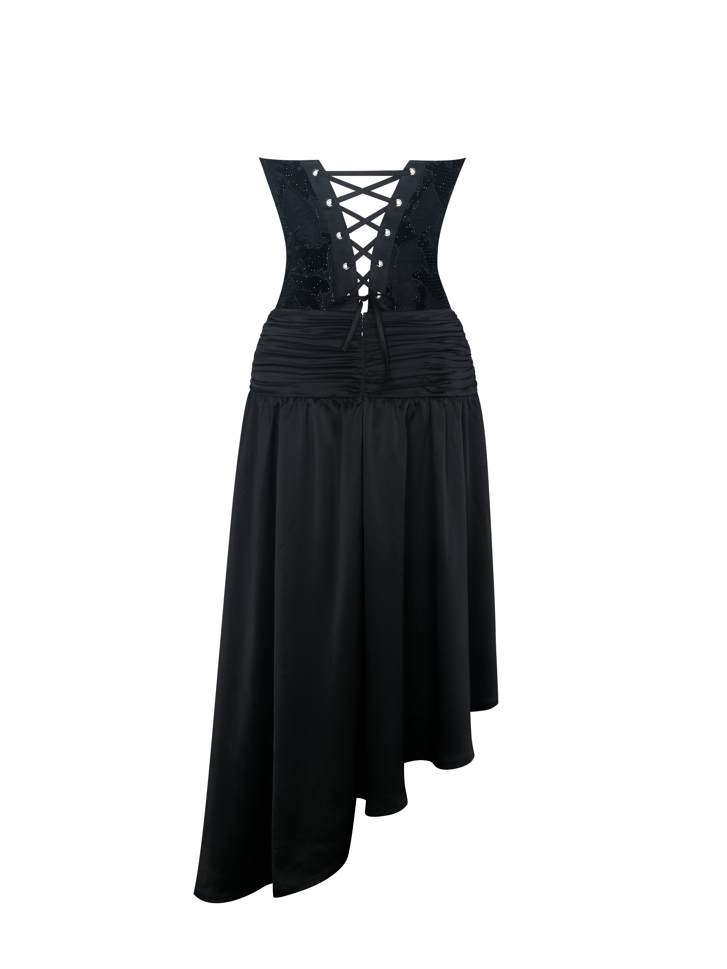 Yoseline Black Velvet Lace Cutout Asymmetrical Satin Midi Dress