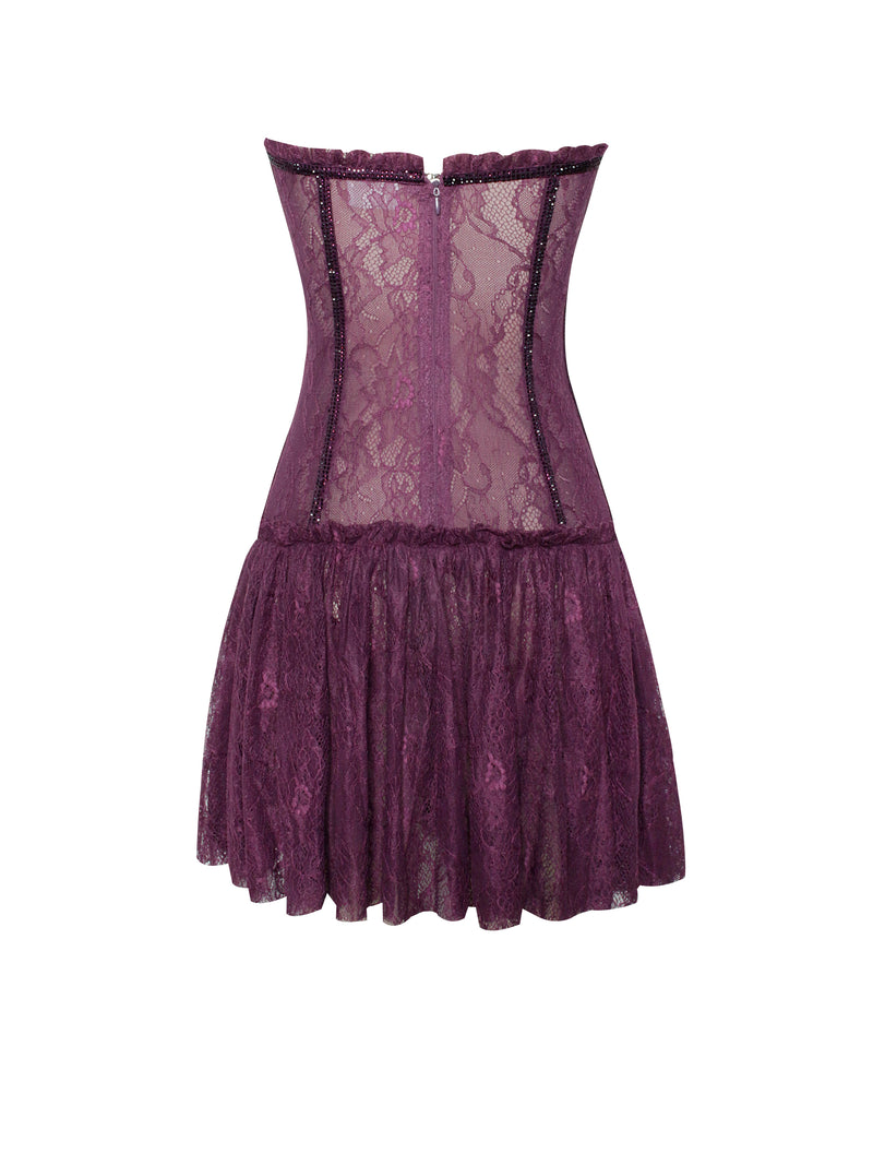 Verna Purple Lace Crystal Trim Corset Dress