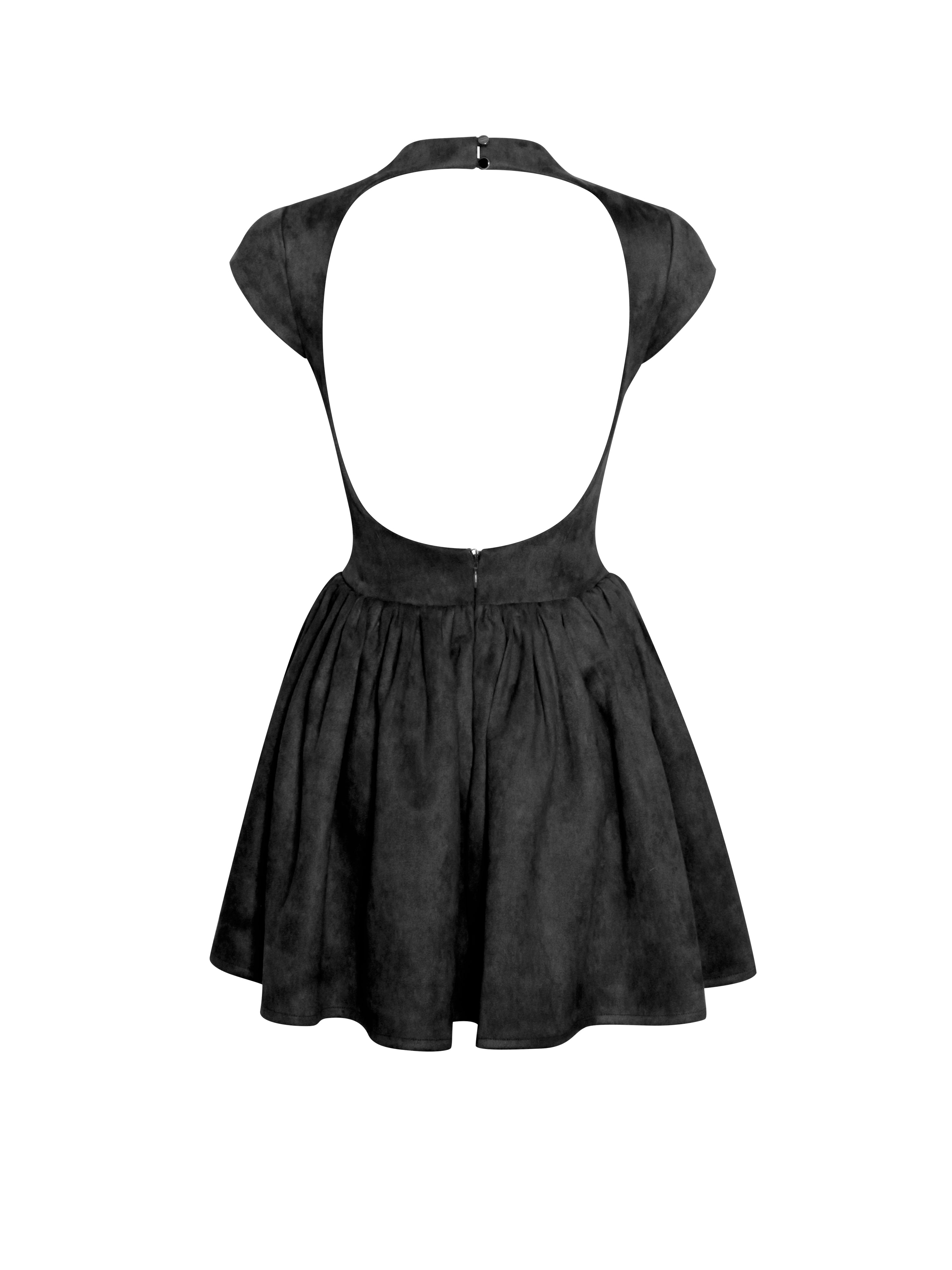 Jacqueline Backless Black Mini Puffy Suede Dress