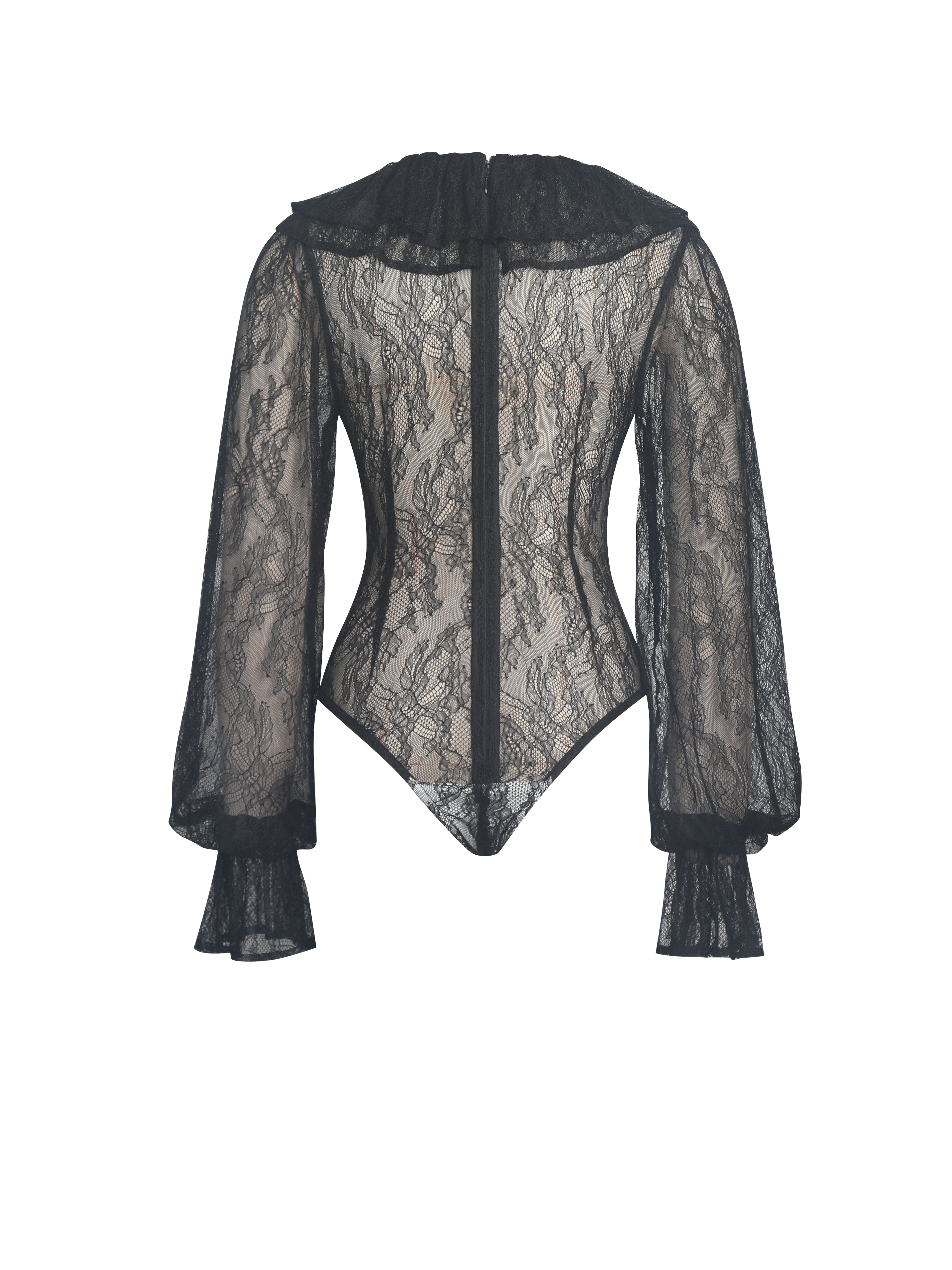 Taliah Black Sheer Lace Ruffled Collar Bodysuit