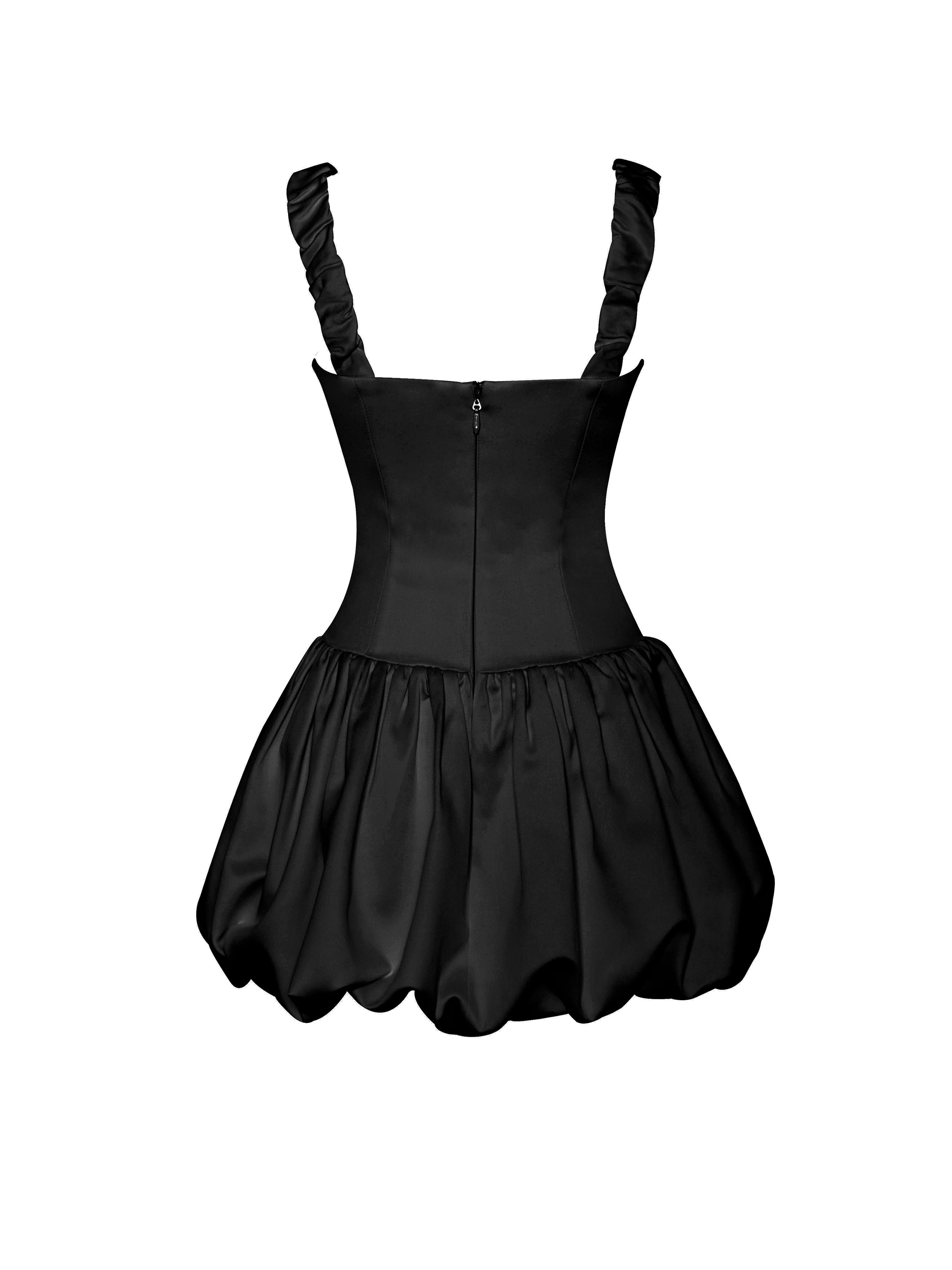 Aubrey Black Satin Bubble Hem Mini Dress