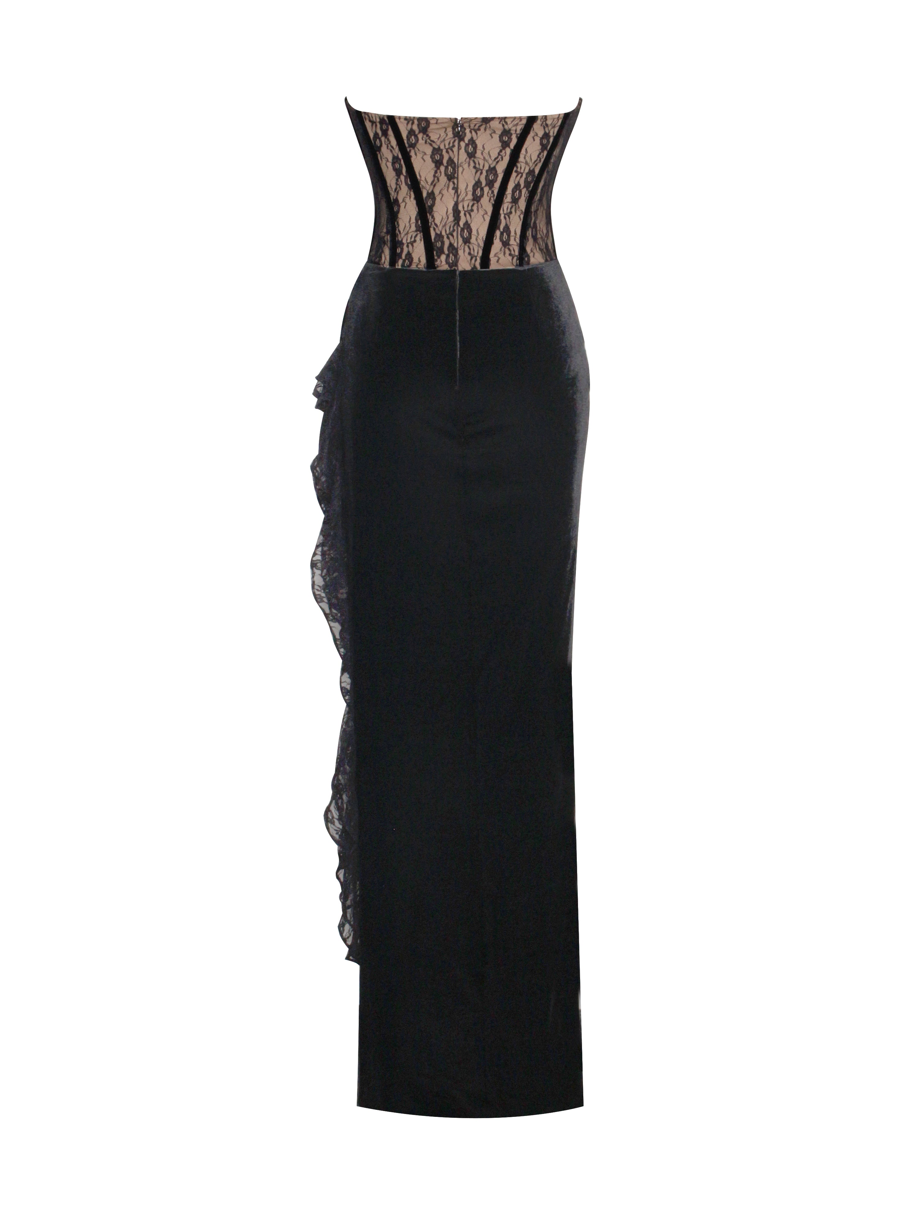 Gaia Black Lace Velvet Corset Side Slit Dress