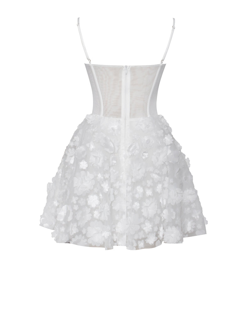 Pamila White Floral Mesh Puffy Mini Dress