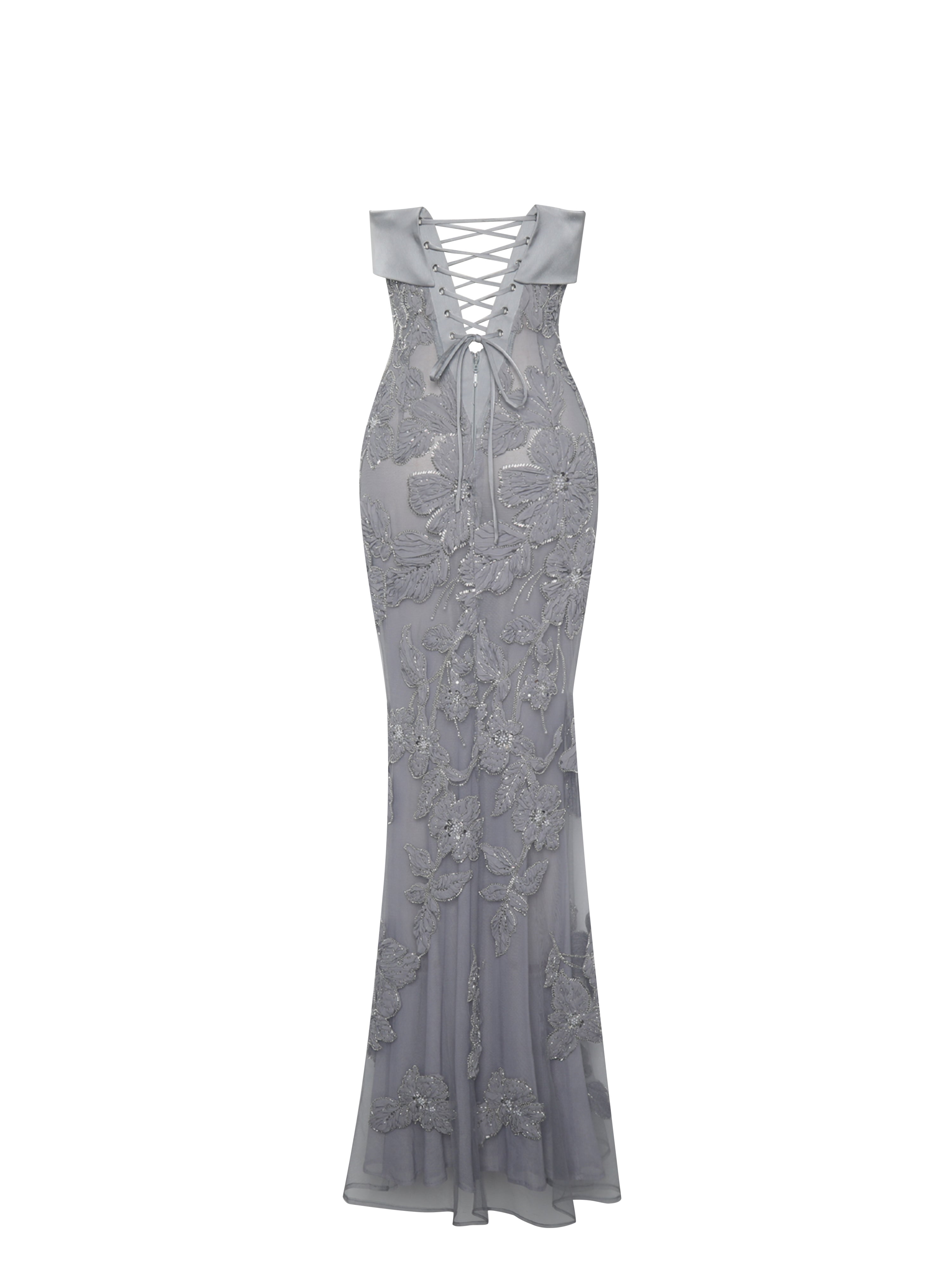 Raphaela Silver Beaded Floral Strapless Mermaid Maxi Dress