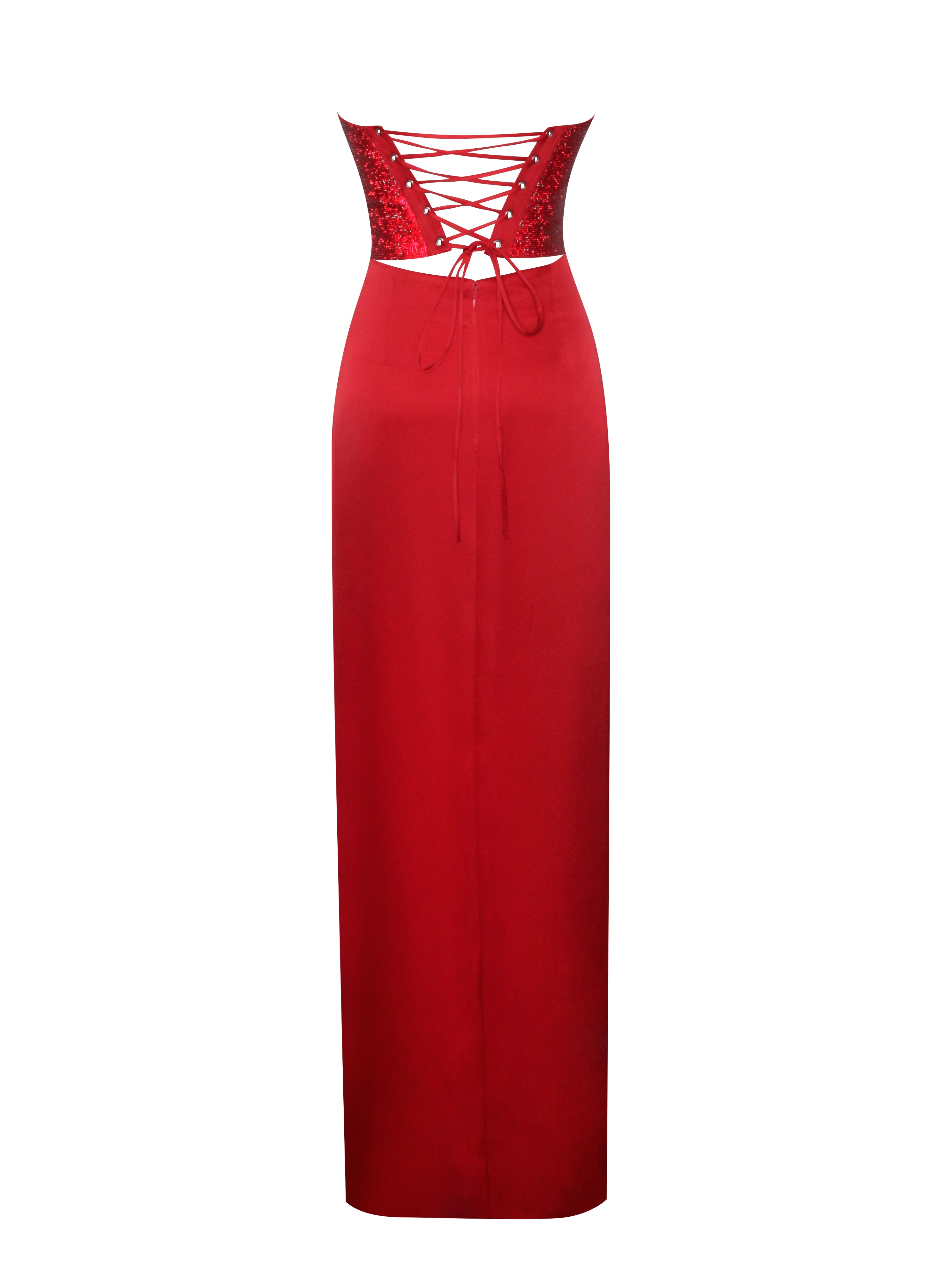 Kadesha Red Crystal High Slit Satin Corset Gown