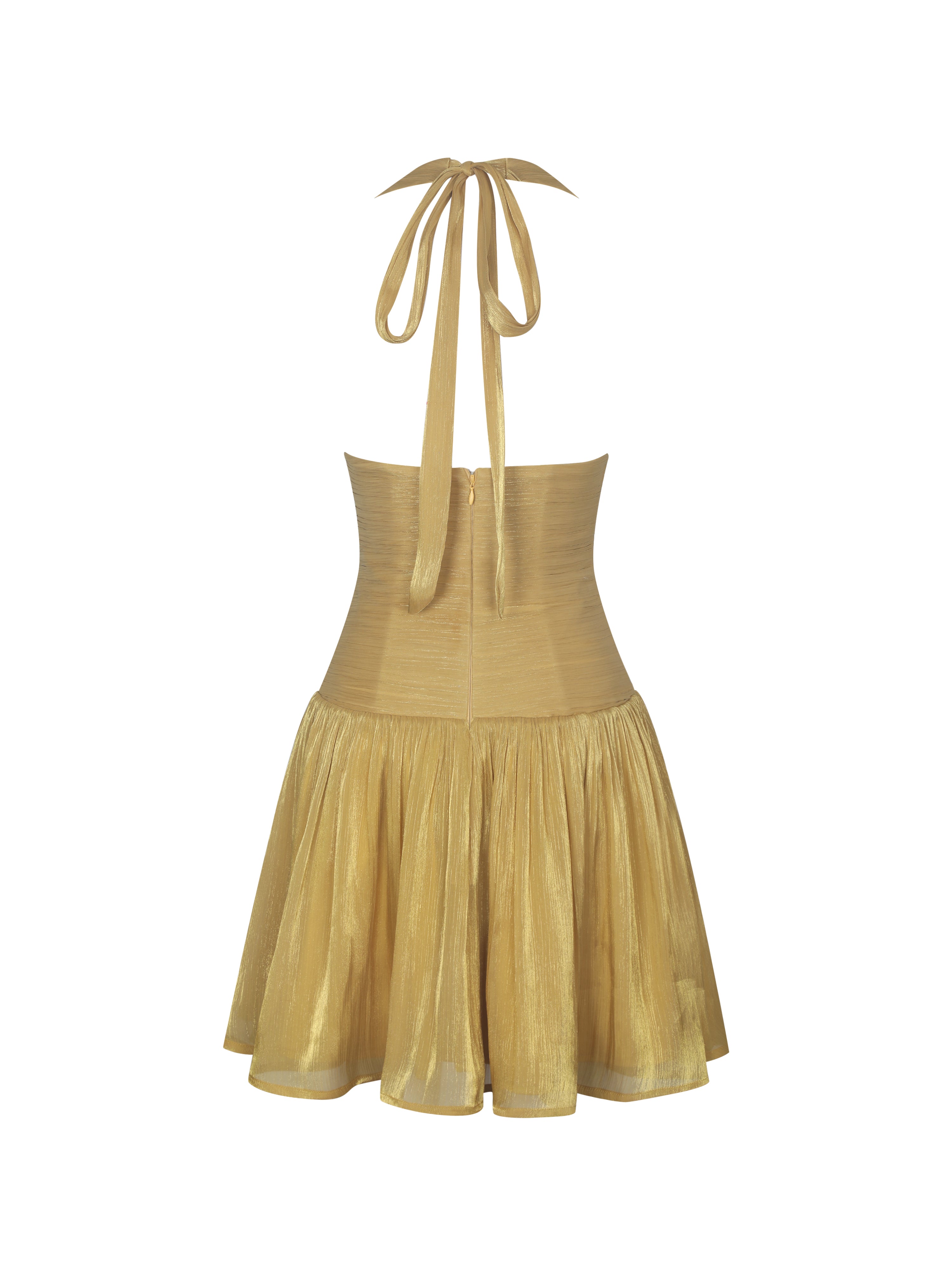 Xavia Gold Crystal Organza Plunging Halter Mini Dress