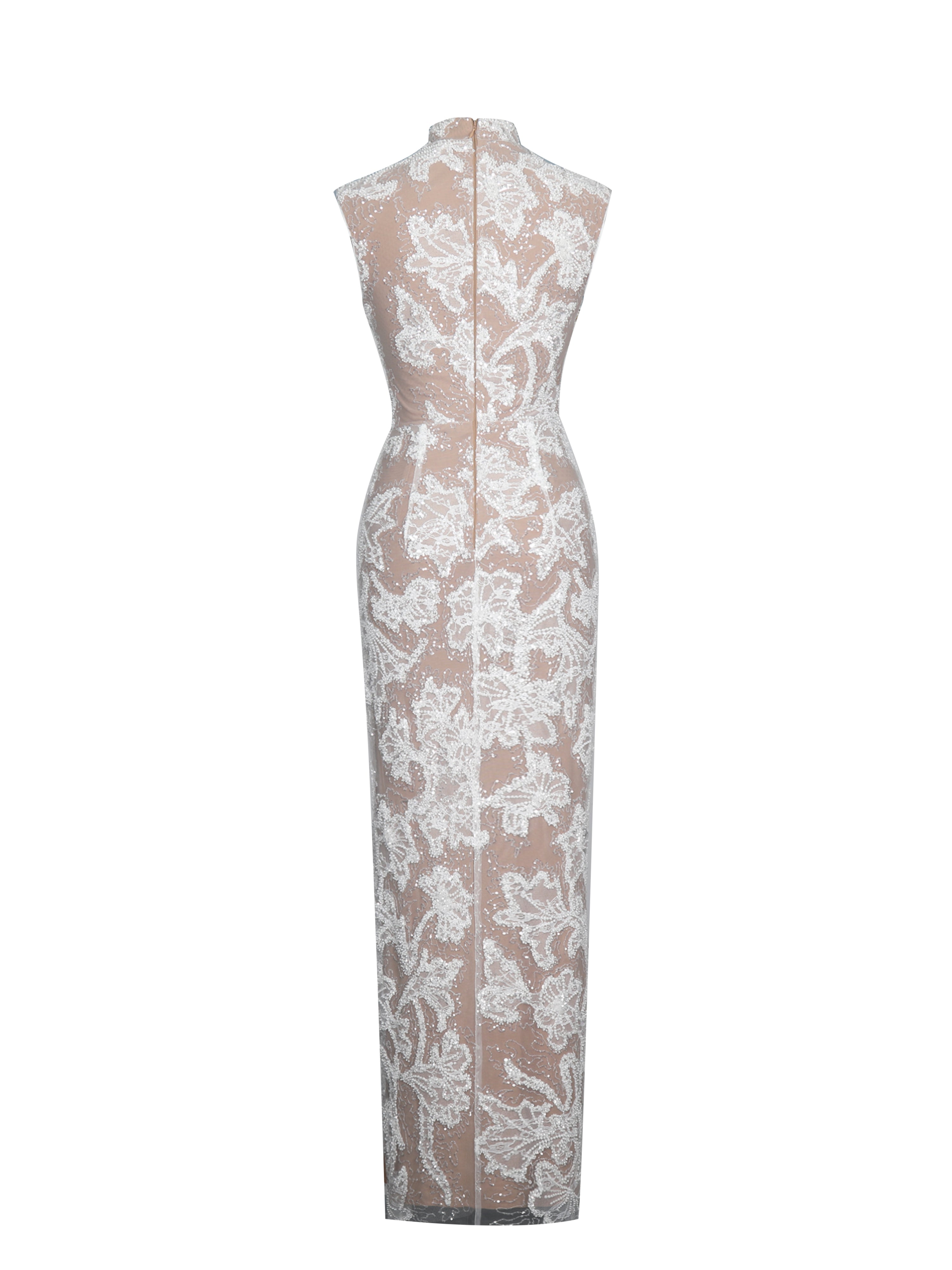 Tavia White Beaded Teardrop Neckline Maxi Dress