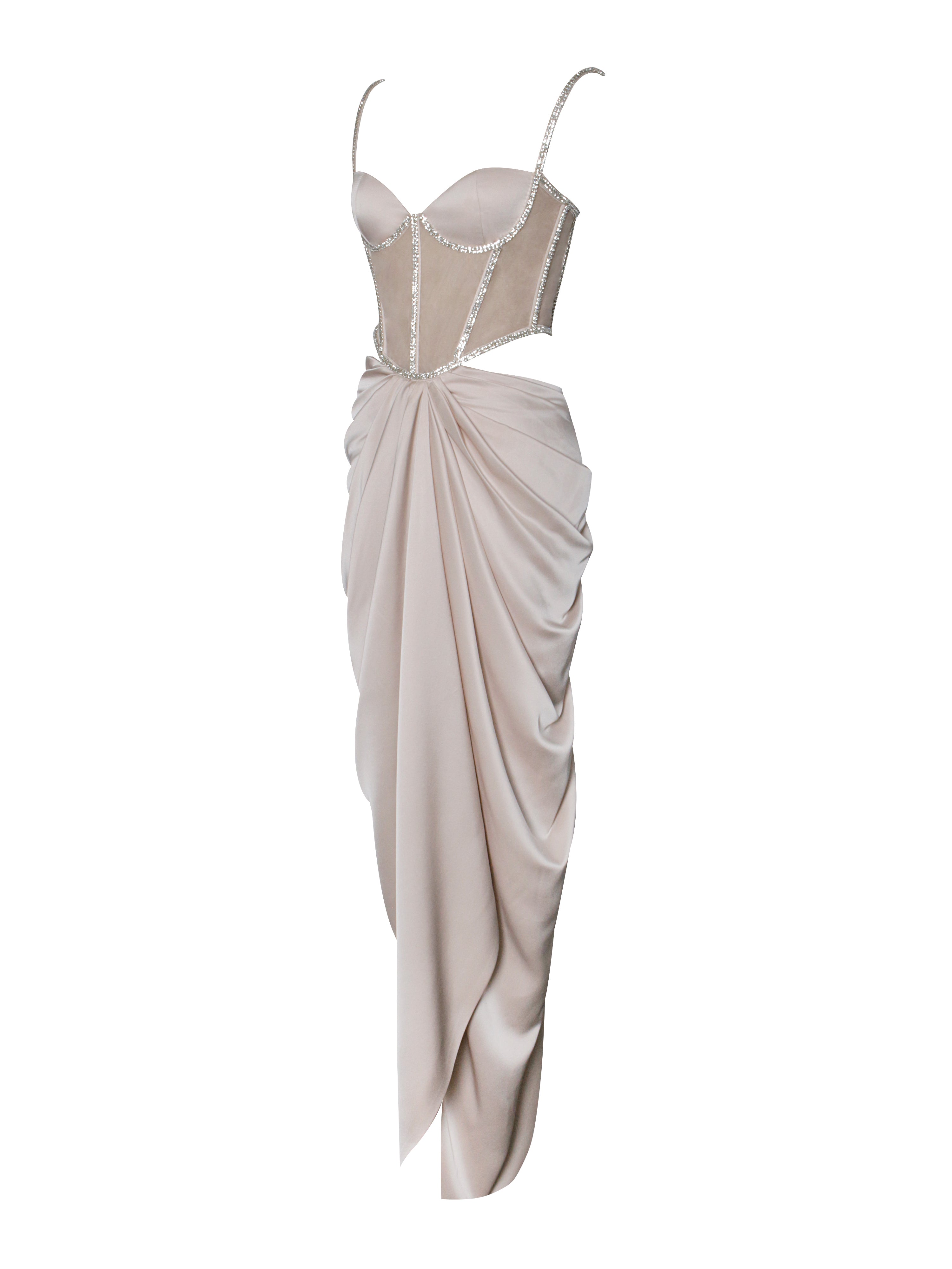 Cadence Champagne Satin Crystal Embellished Corset Dress(Archive Sale) Cadence Champagne Satin Crystal Embellished Corset Dress(Archive Sale)