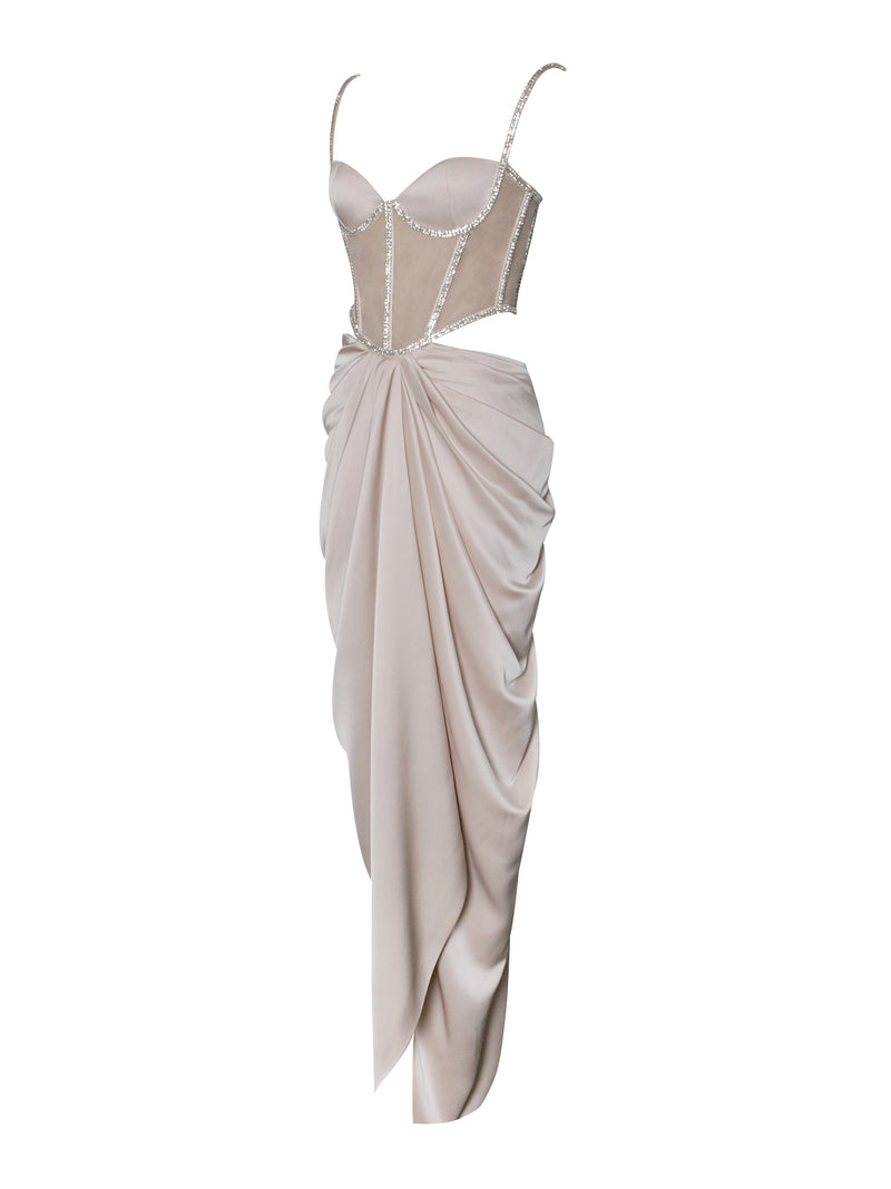 Cadence Champagne Satin Crystal Embellished Corset Dress