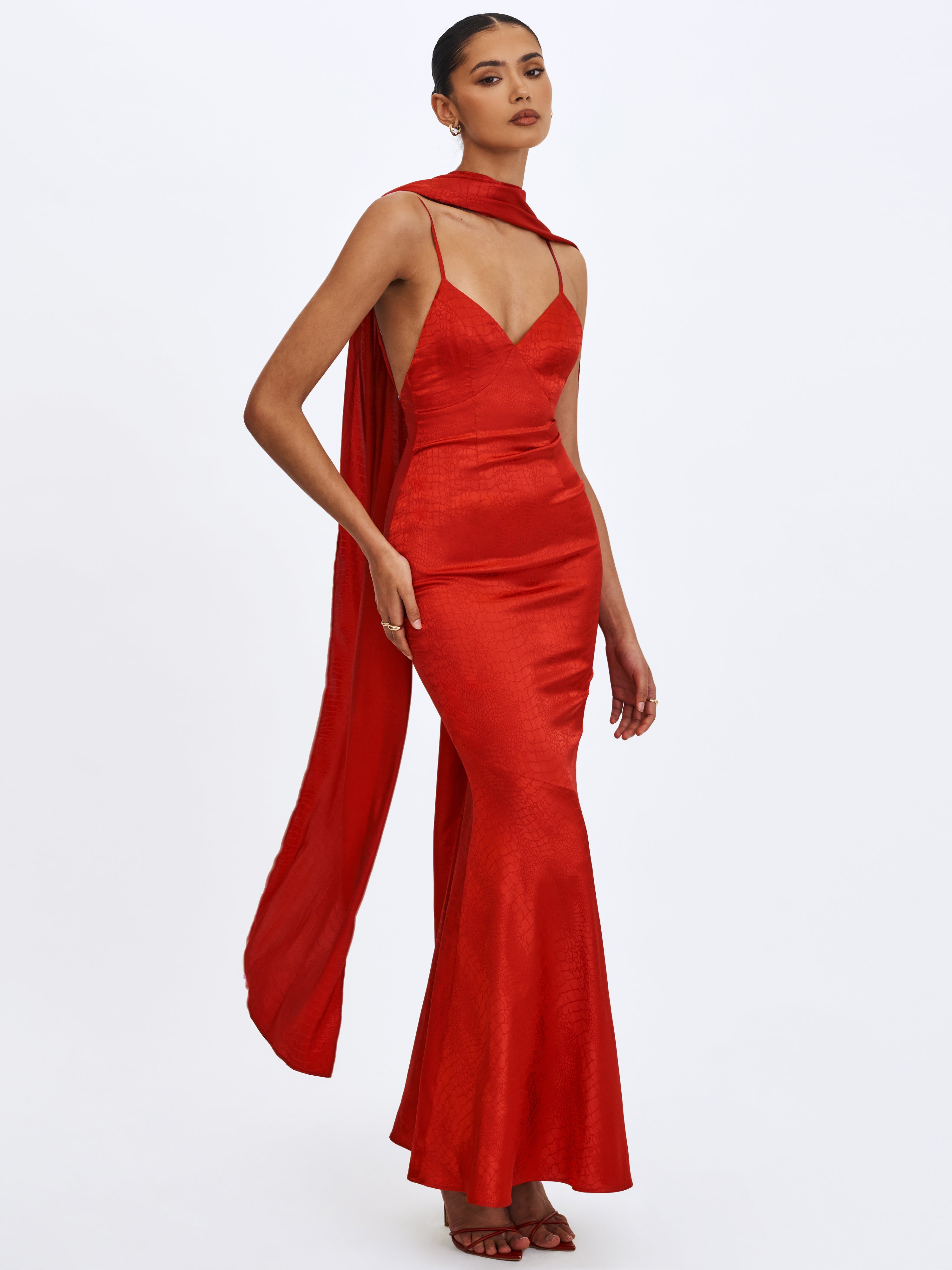 Kelsey Scarlet Croc-Embossed Flared Hem Maxi Dress with Scarf