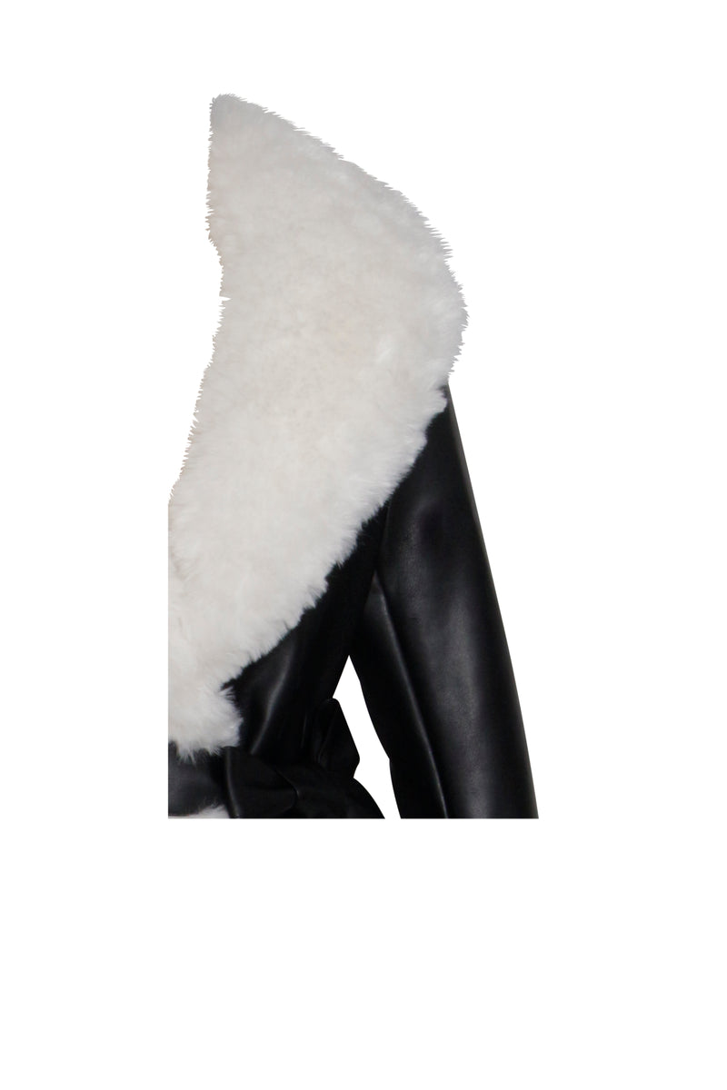Zaida White Faux Fur Trim Black Vegan Leather Coat – Miss Circle
