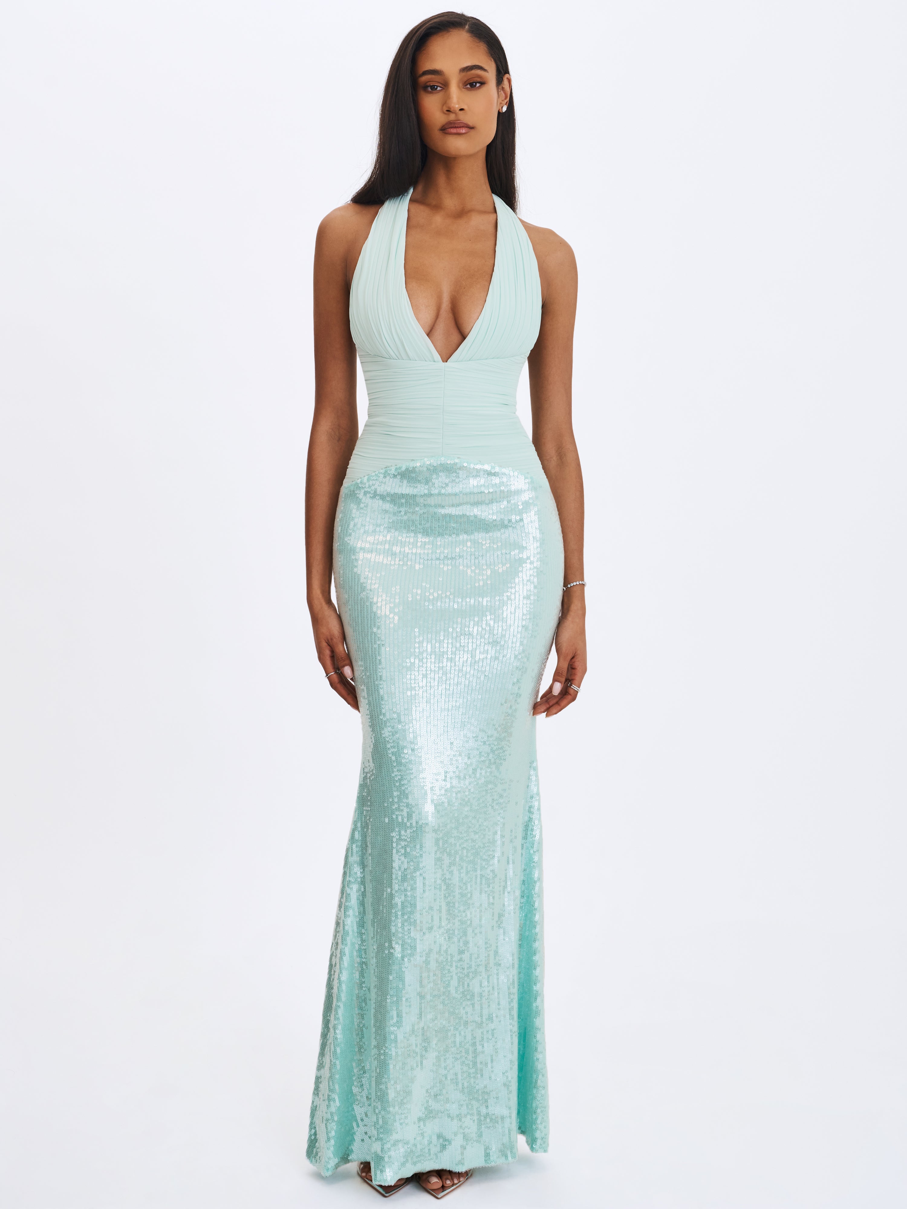 Wendale Mint Sequin Plunging Mermaid Maxi Dress